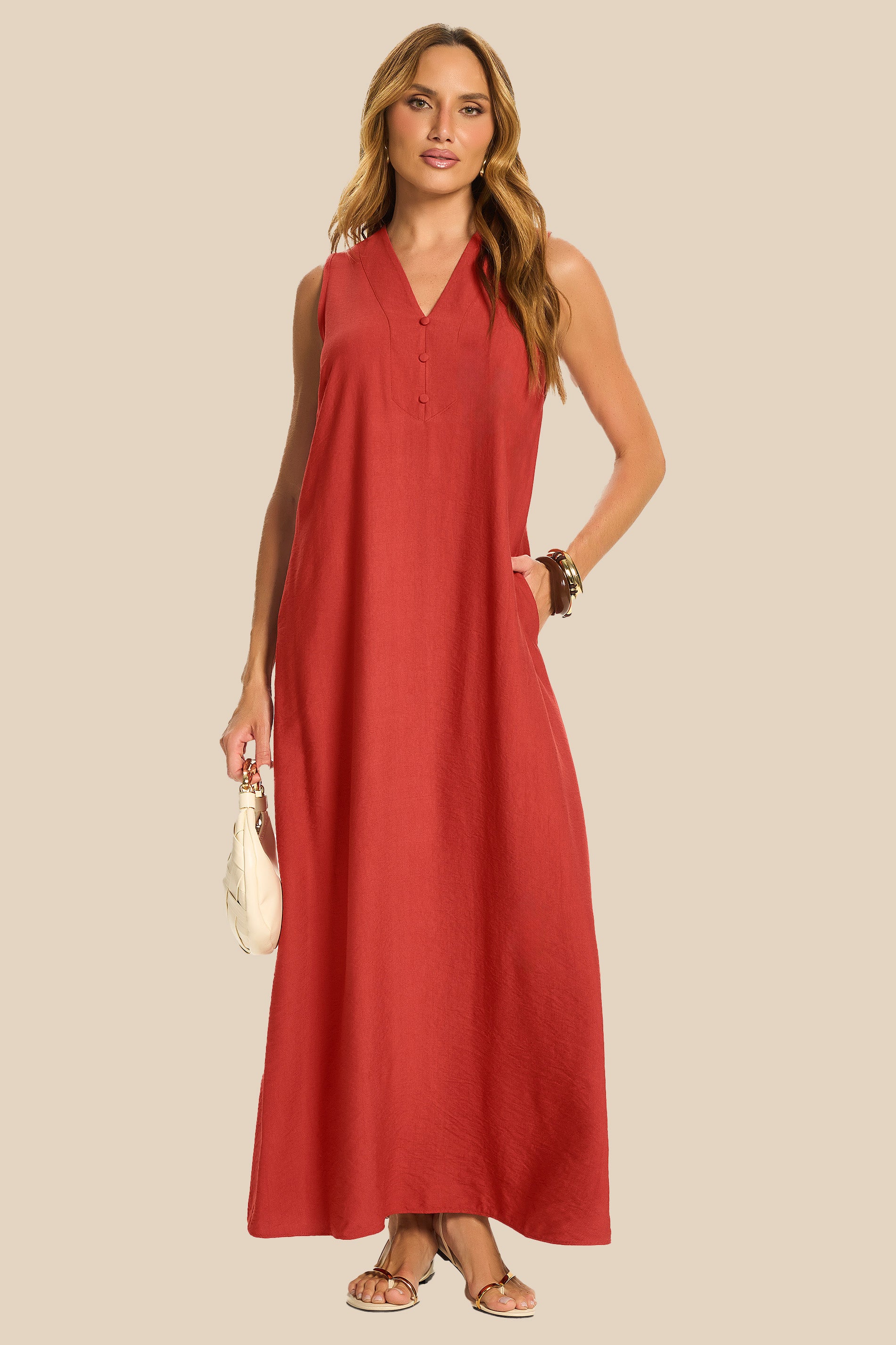 Vestido Longo Reto com Botões e Bolsos Duna - Doce Trama