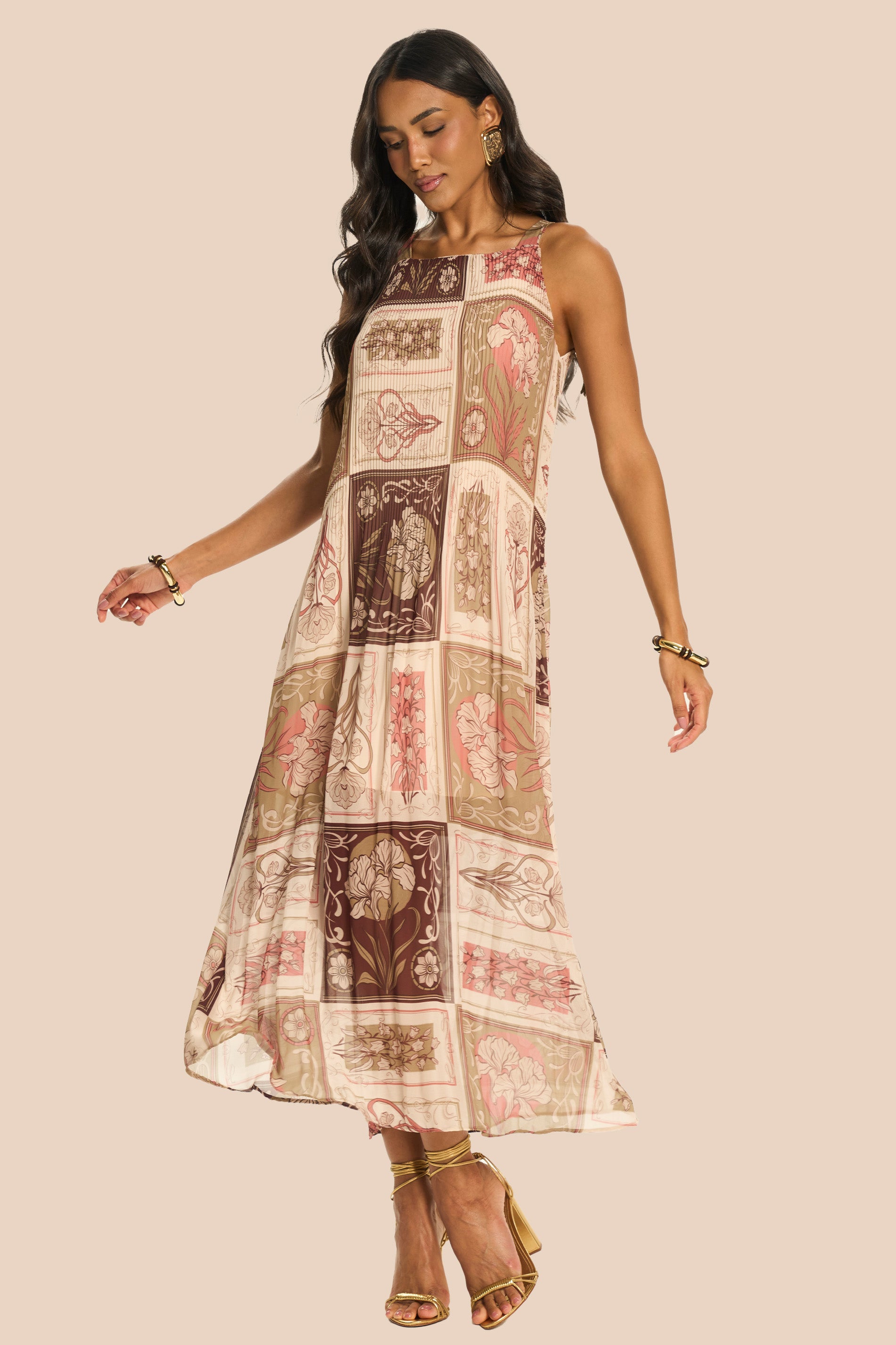 Vestido Longo Evasê em Chiffon Plissado Miragem - Doce Trama