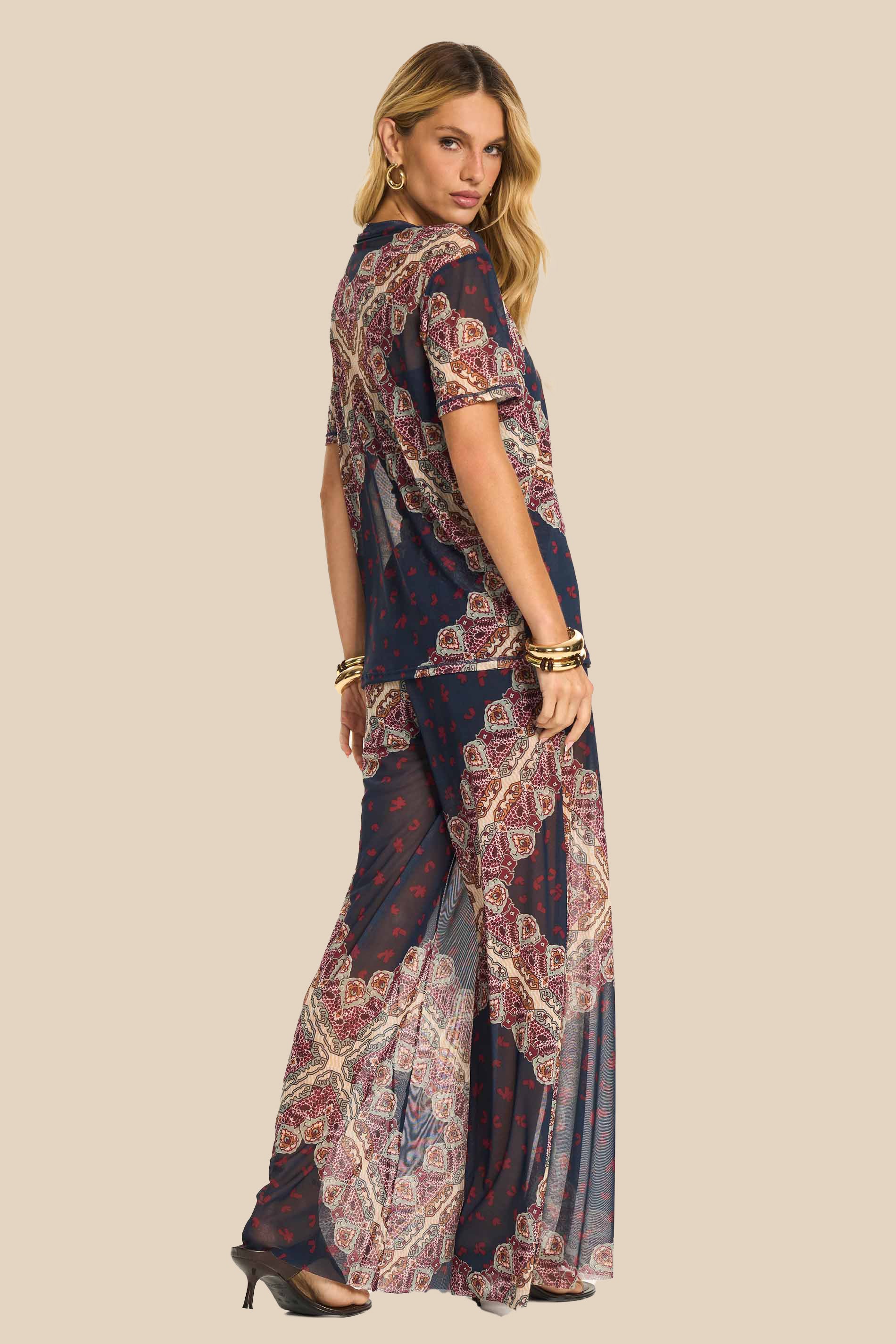 Calça Pantalona Ampla em Tule Estampado Miragem - Doce Trama