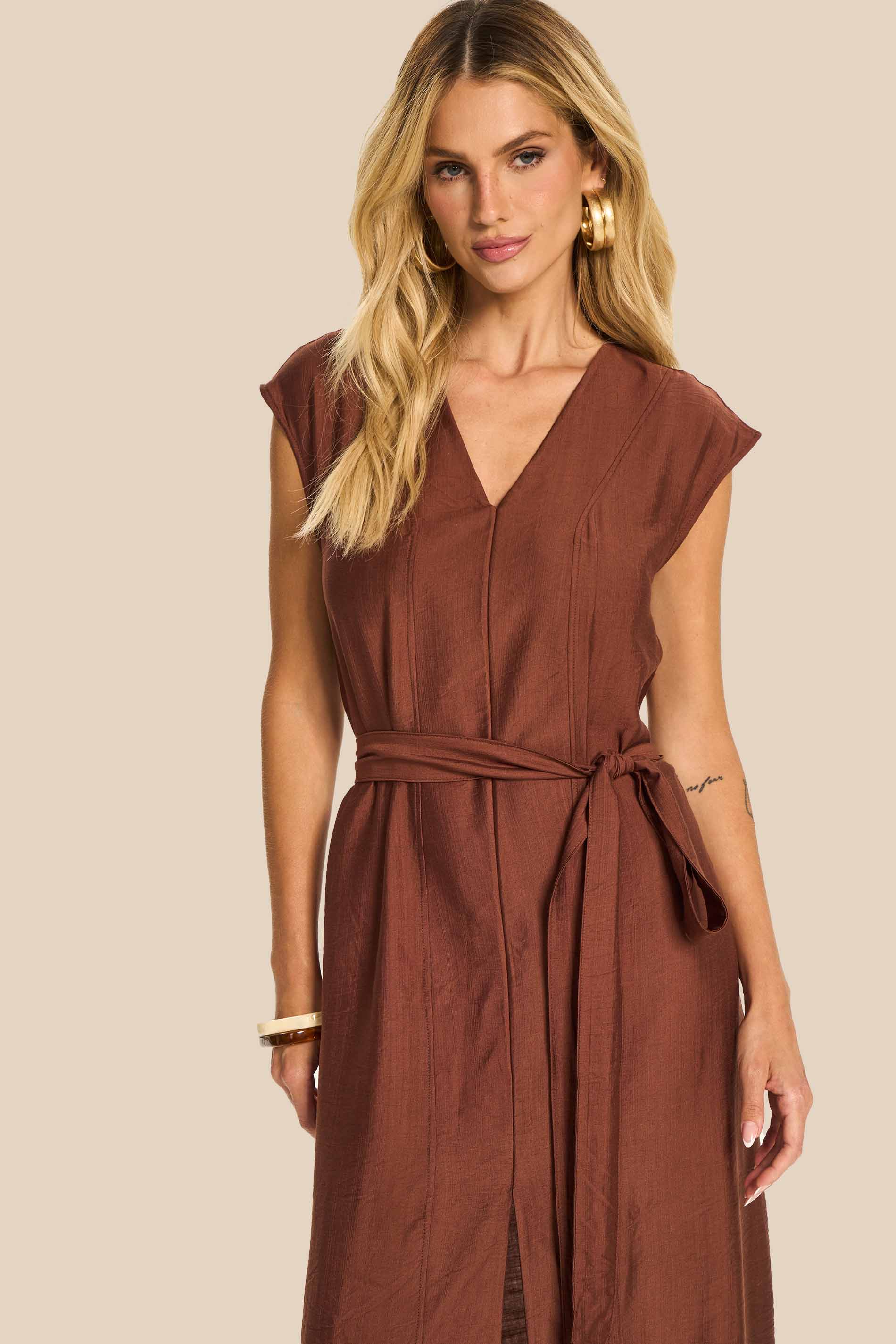 Vestido Midi Evasê em Viscose Amarração Miragem - Doce Trama