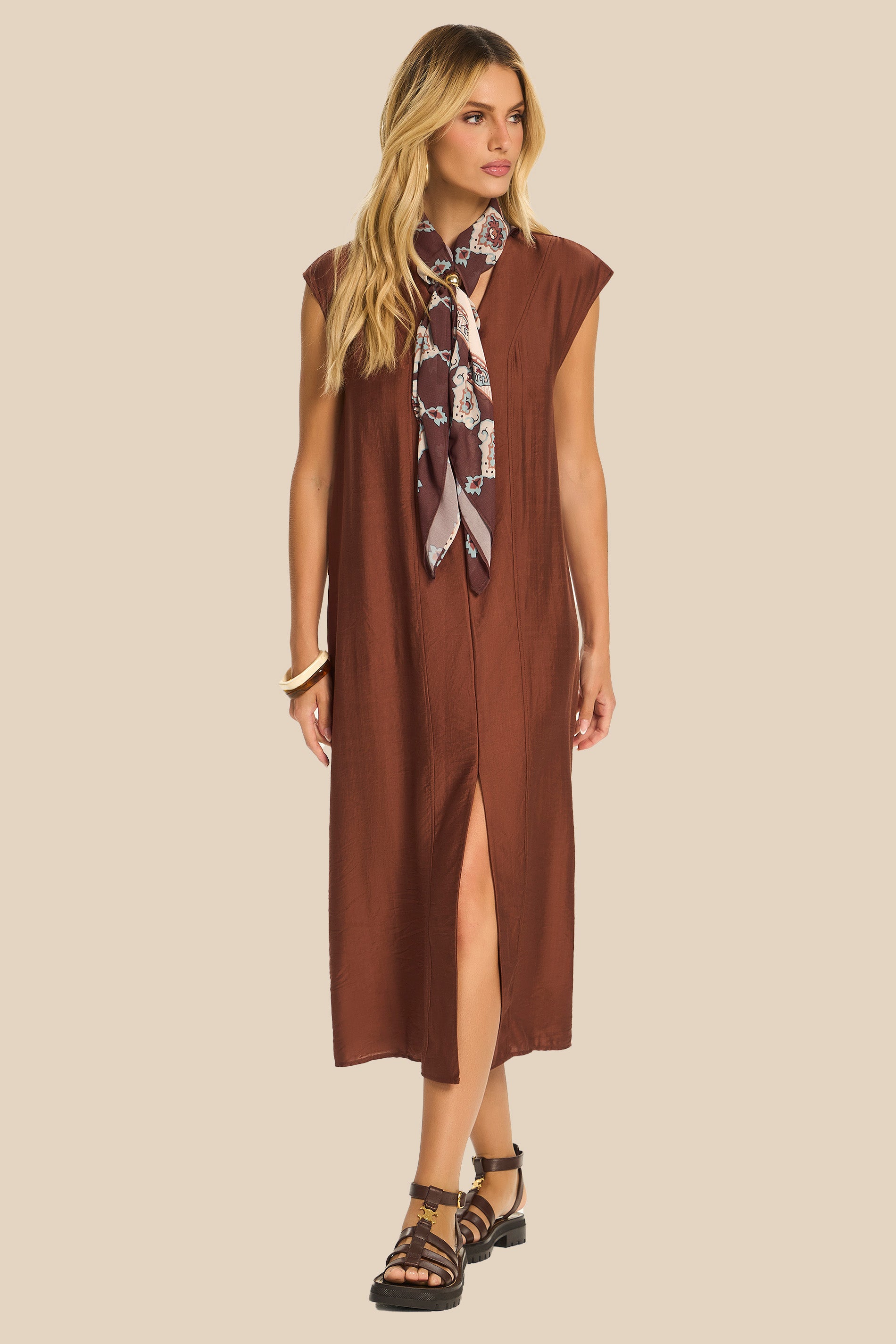 Vestido Midi Evasê em Viscose Amarração Miragem - Doce Trama