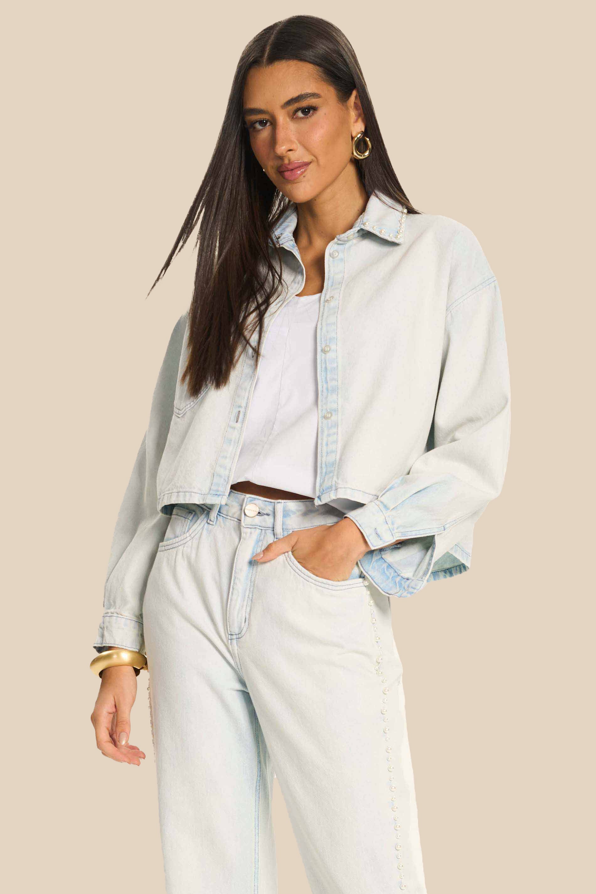 Calça Reta Feminina Jeans com Pérolas Peônia - Doce Trama