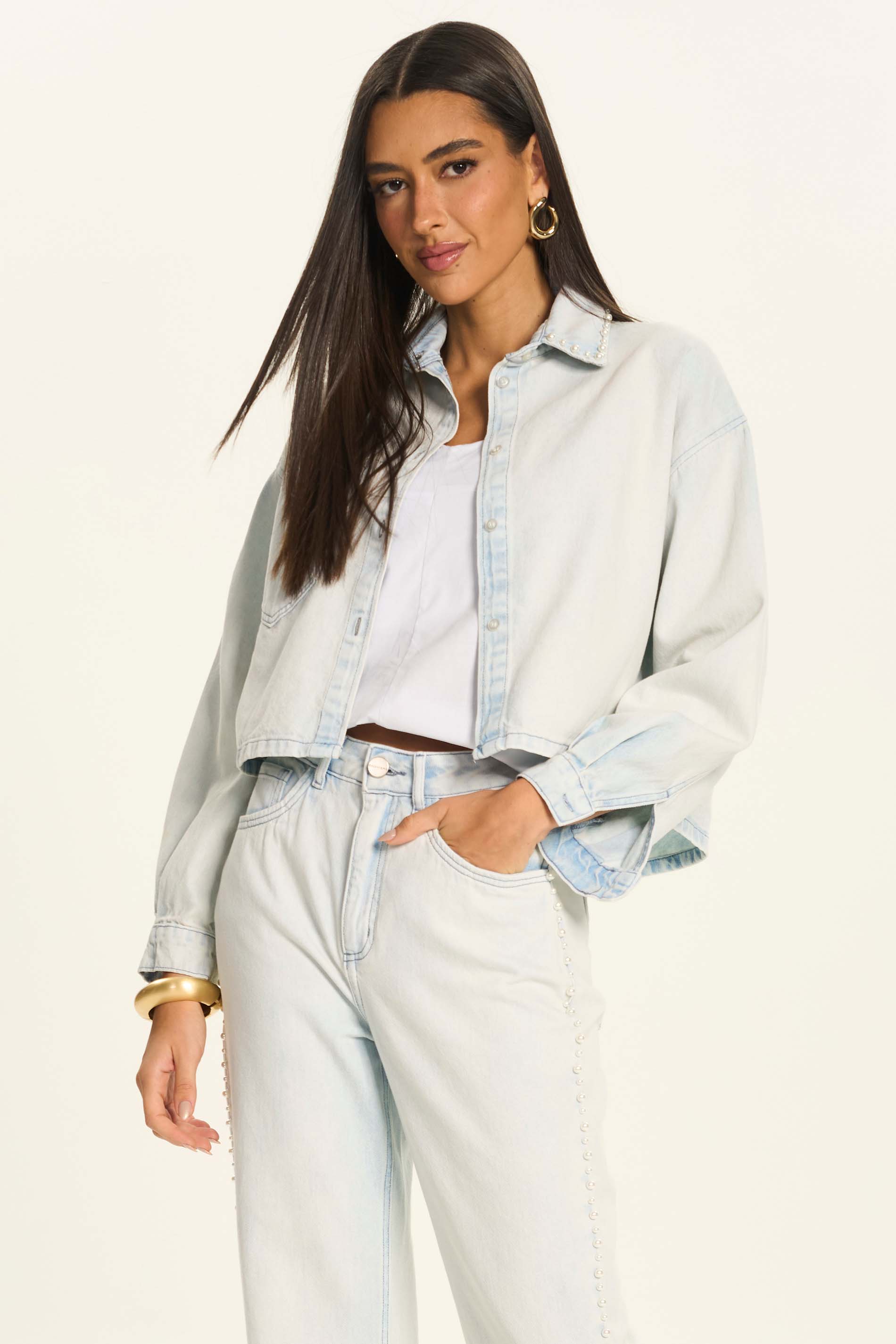 Calça Reta Feminina Jeans com Pérolas Peônia - Doce Trama