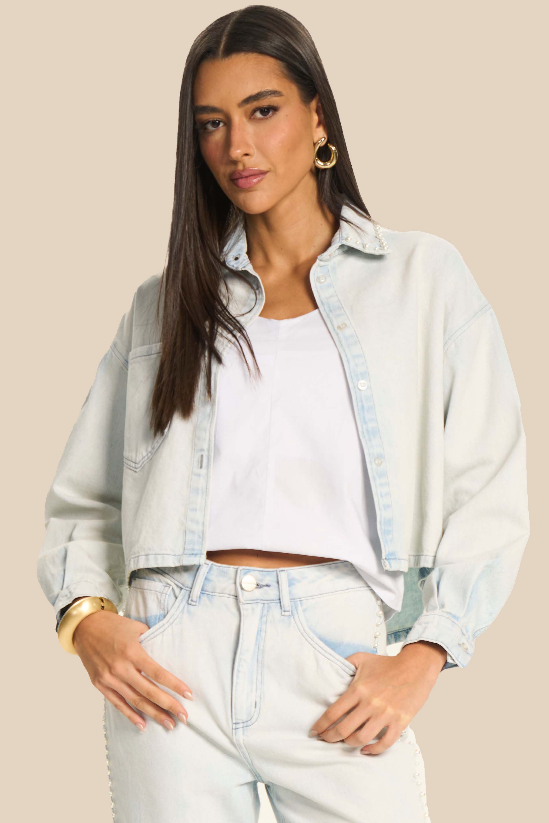 Camisa Cropped Feminina Overshirt Jeans Miragem - Doce Trama