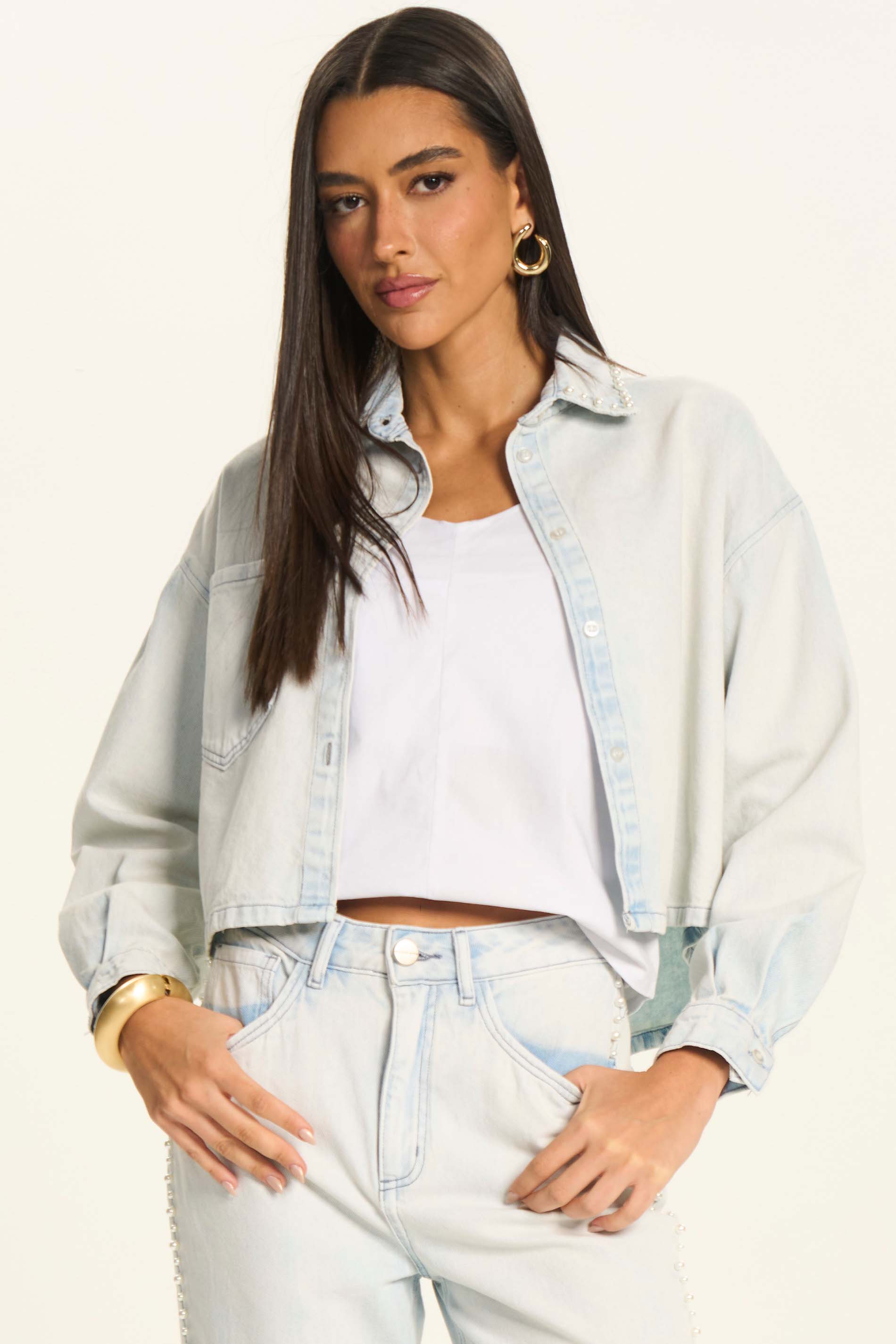 Camisa Cropped Feminina Overshirt Jeans Miragem - Doce Trama
