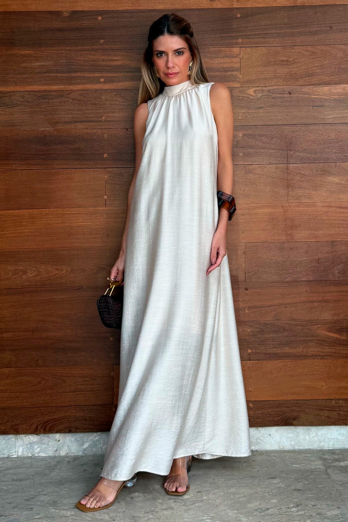 Vestido Longo Reto com Gola Laço Miragem - Doce Trama