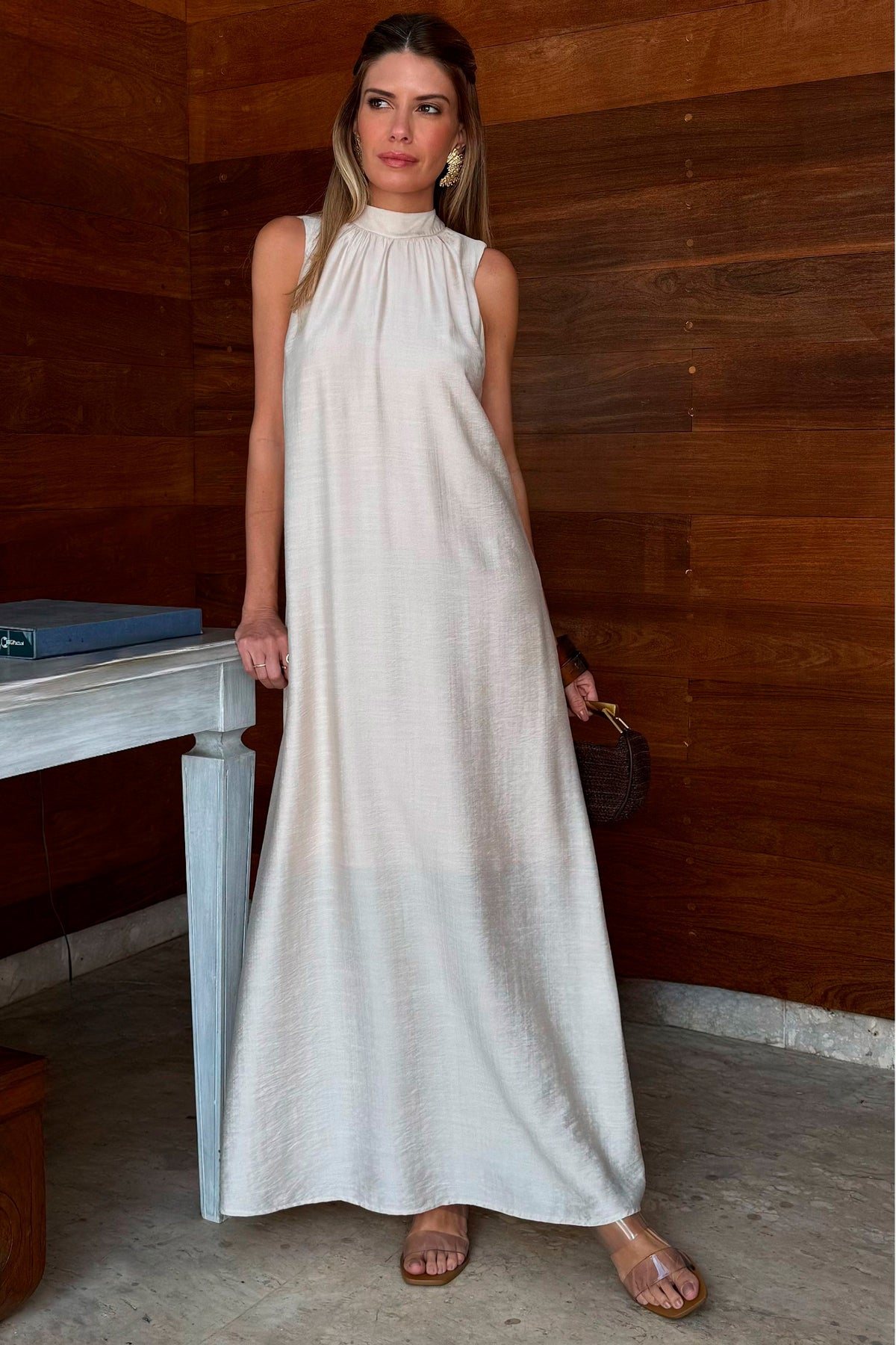 Vestido Longo Reto com Gola Laço Miragem - Doce Trama