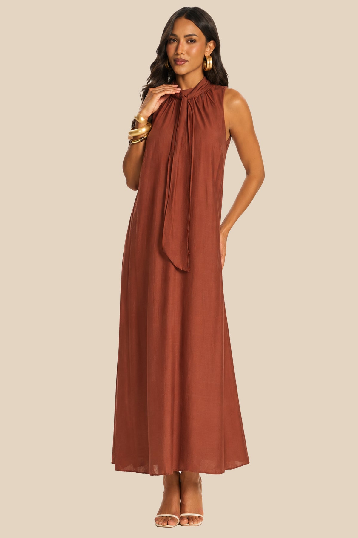 Vestido Longo Reto com Gola Laço Miragem - Doce Trama