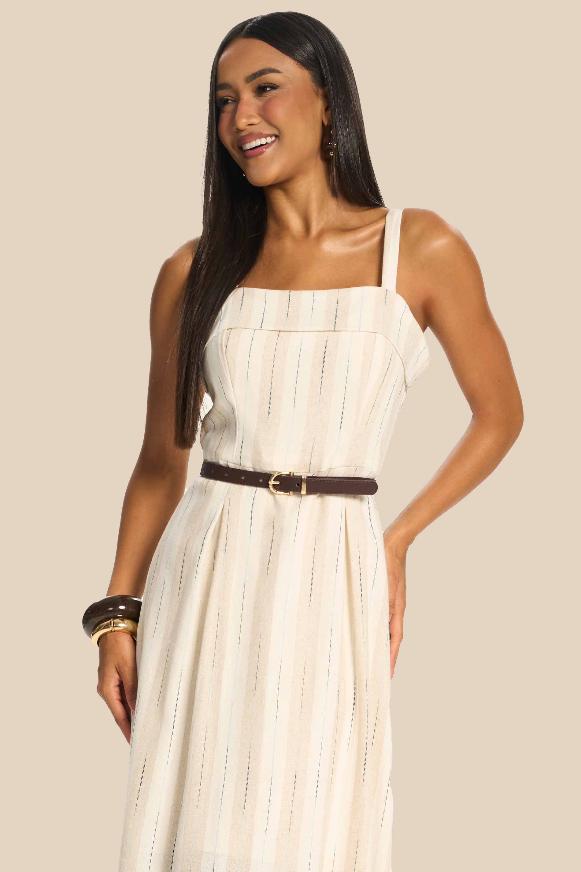 Vestido Longo Evasê em Linho com Cinto Duna - Doce Trama
