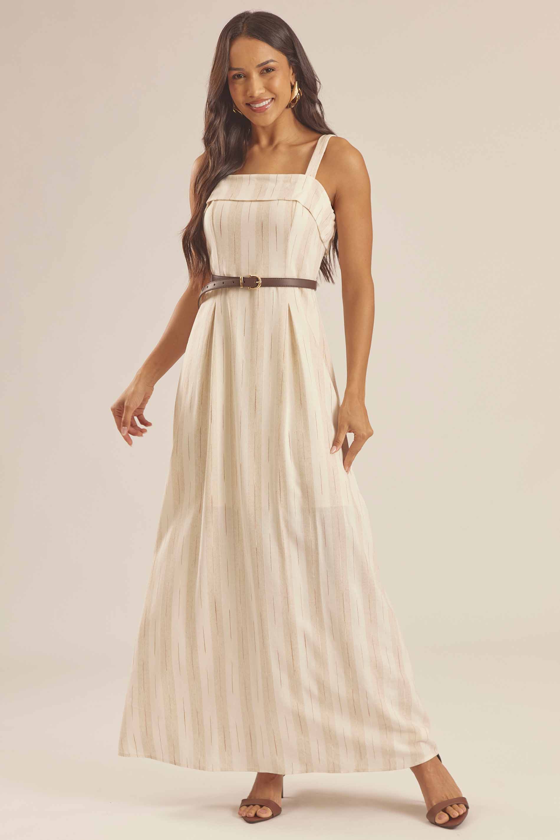 Vestido Longo Evasê em Linho com Cinto Duna - Doce Trama