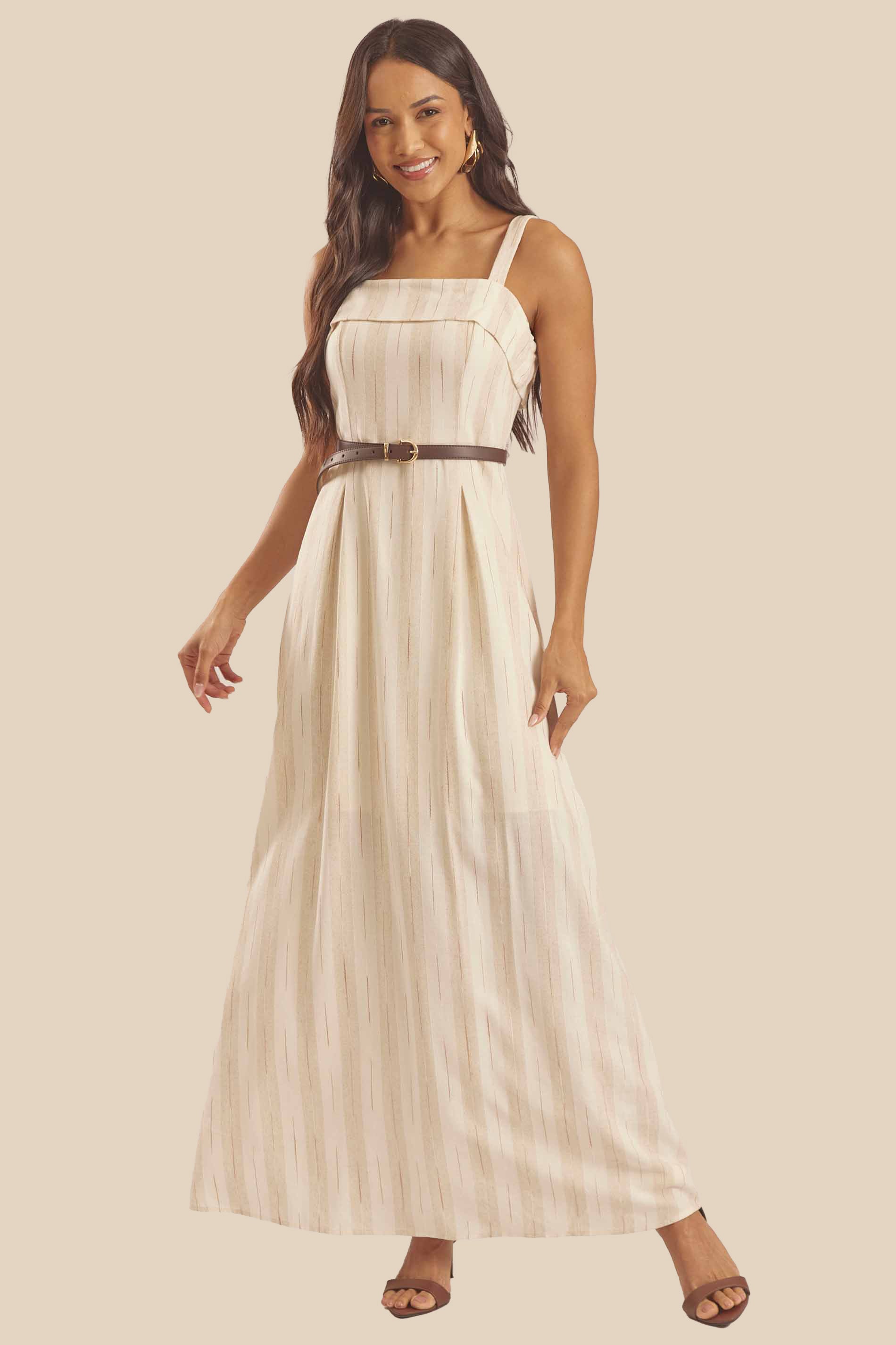 Vestido Longo Evasê em Linho com Cinto Miragem - Doce Trama