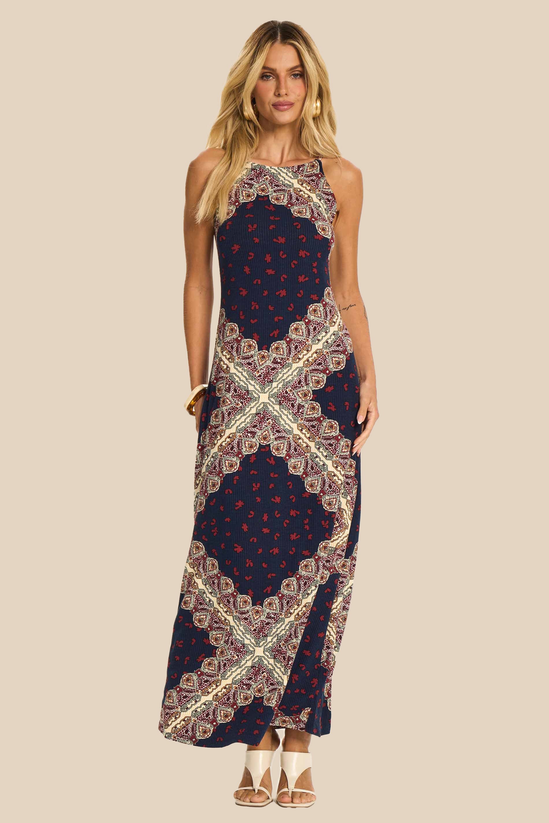 Vestido Longo Reto de Alça Estampado Miragem - Doce Trama