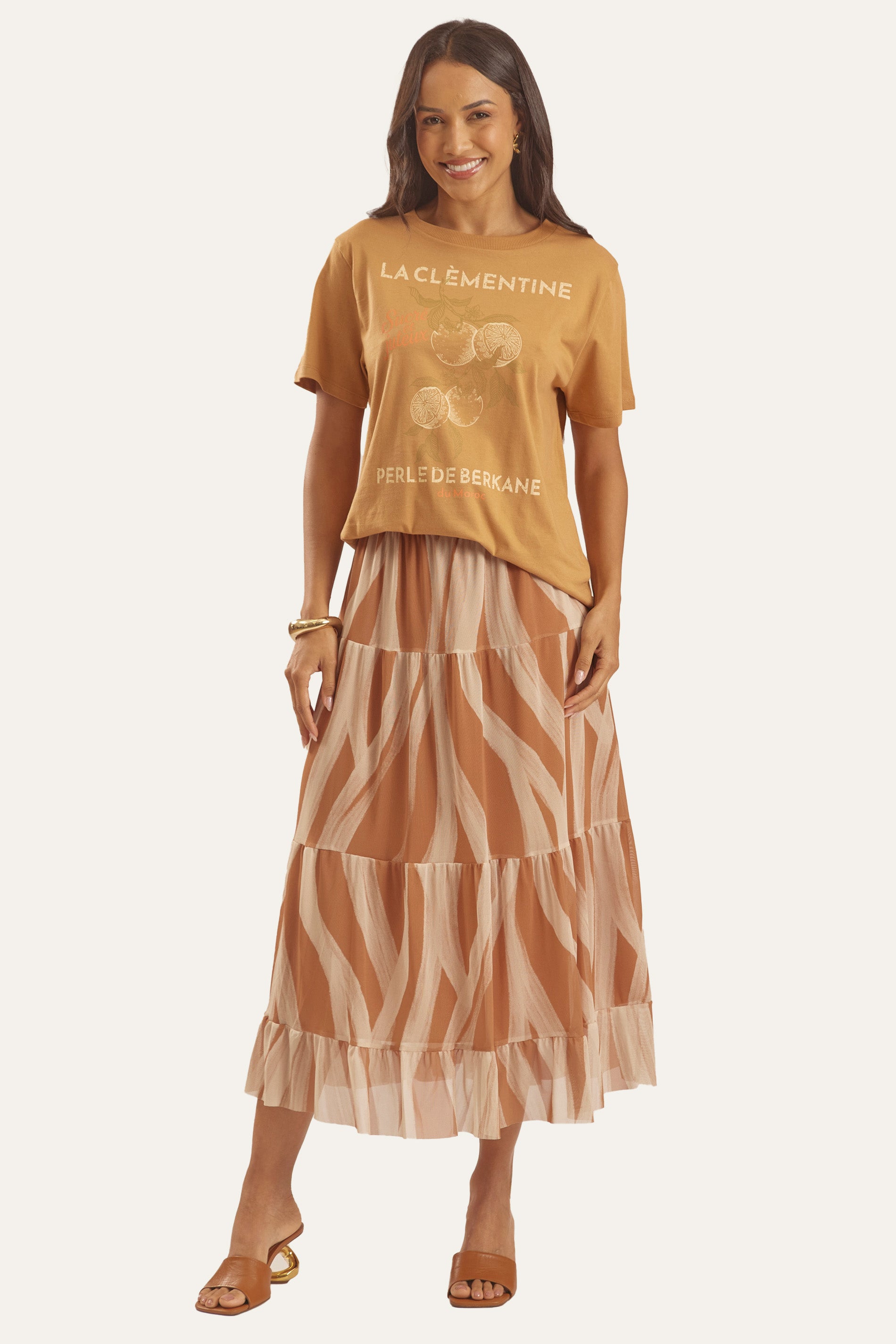 Saia Midi Evasê em Tule Estampado Duna - Doce Trama