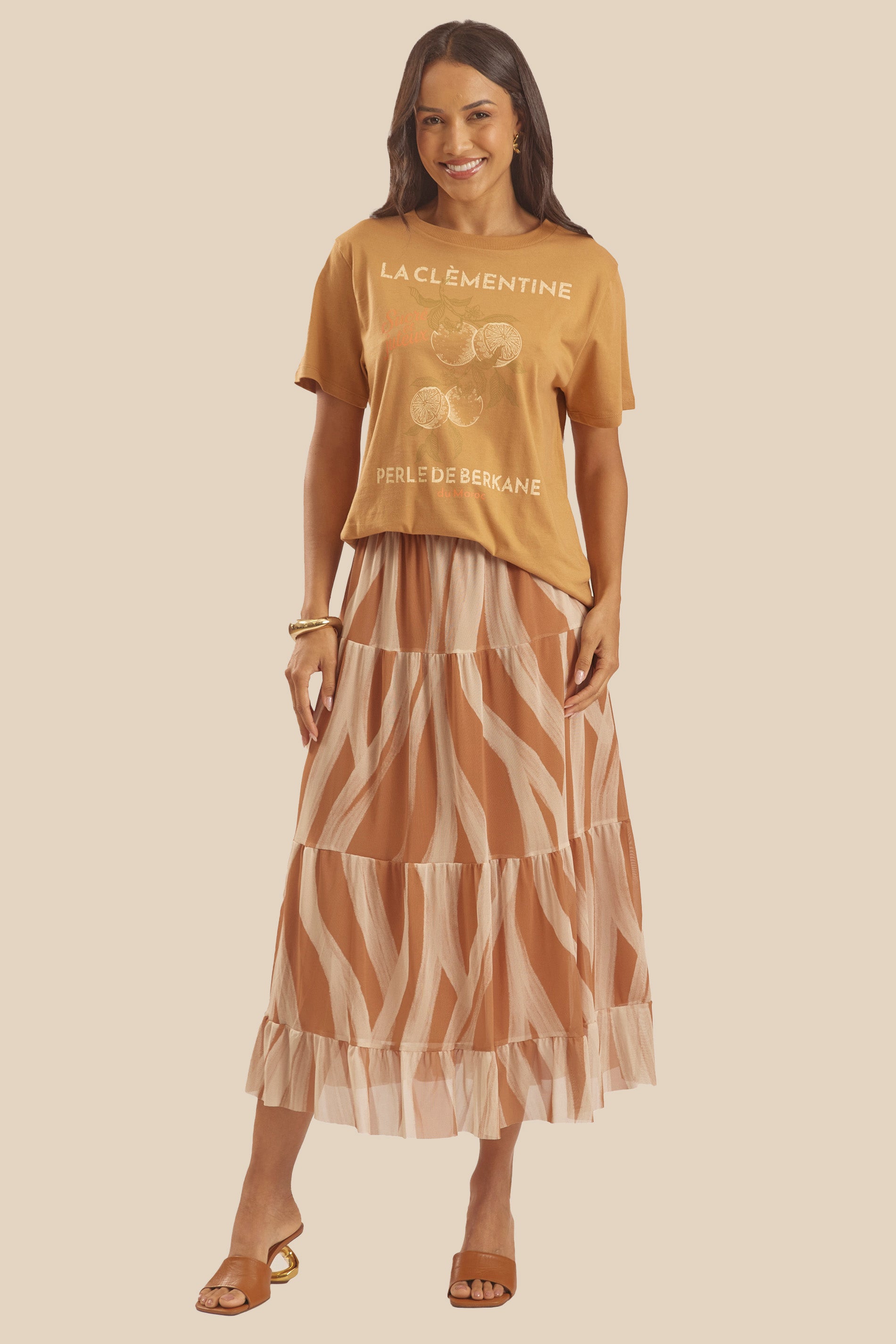 Saia Midi Evasê em Tule Estampado Duna - Doce Trama