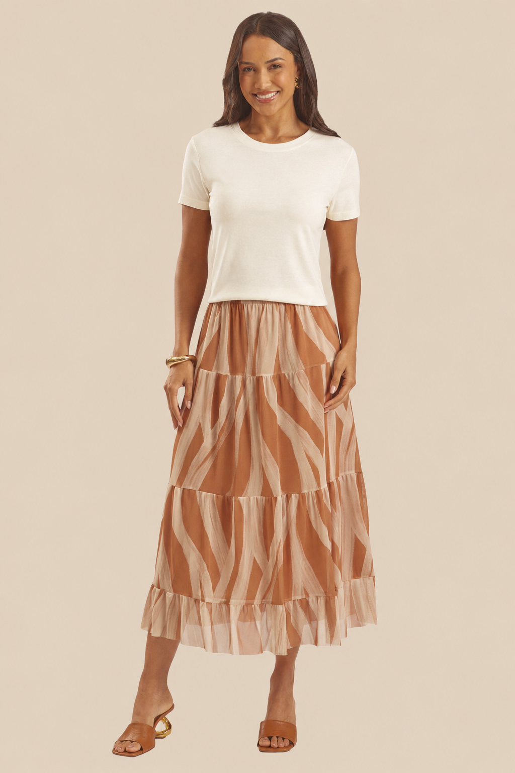 Saia Midi Evasê em Tule Estampado Miragem - Doce Trama