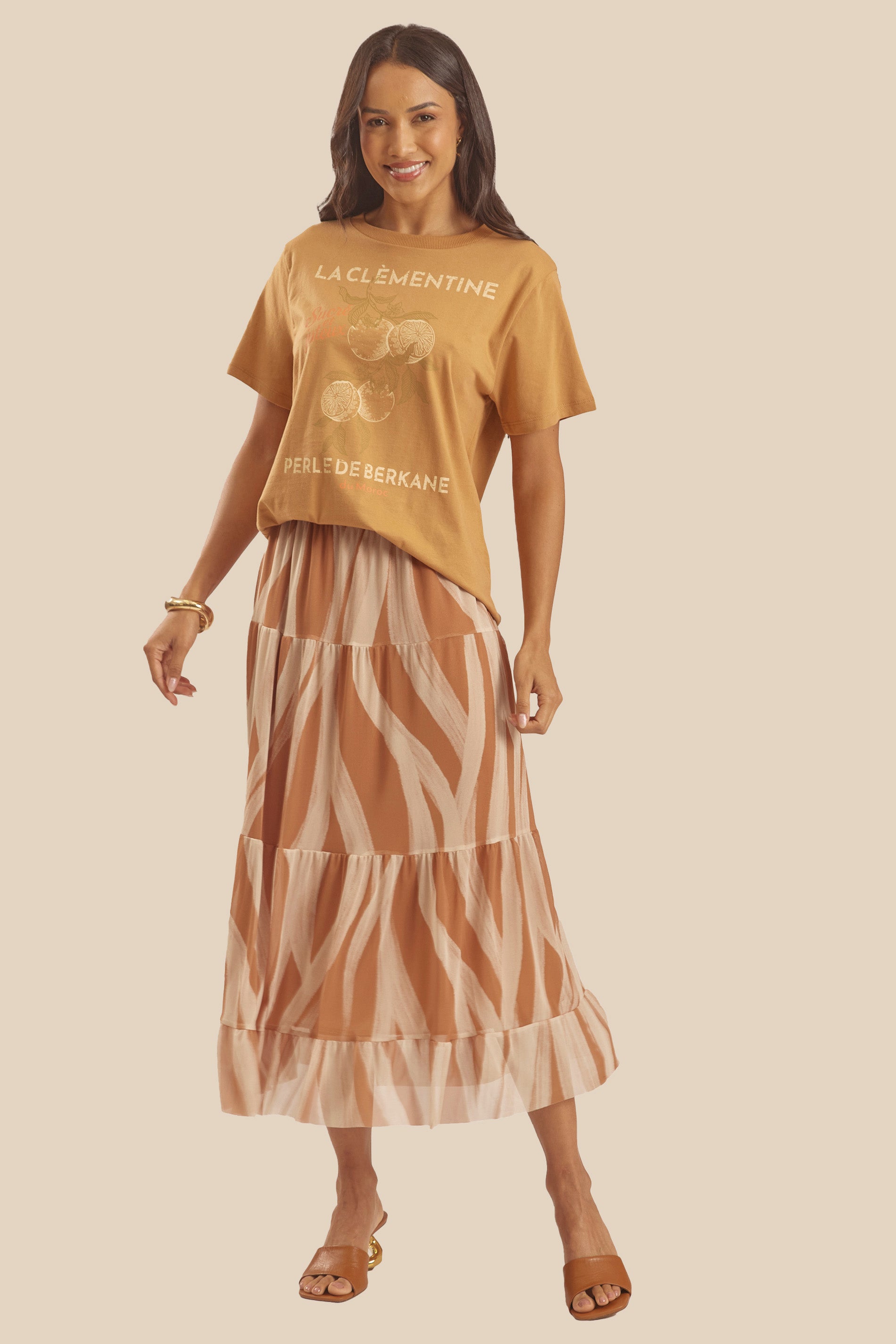 Saia Midi Evasê em Tule Estampado Miragem - Doce Trama