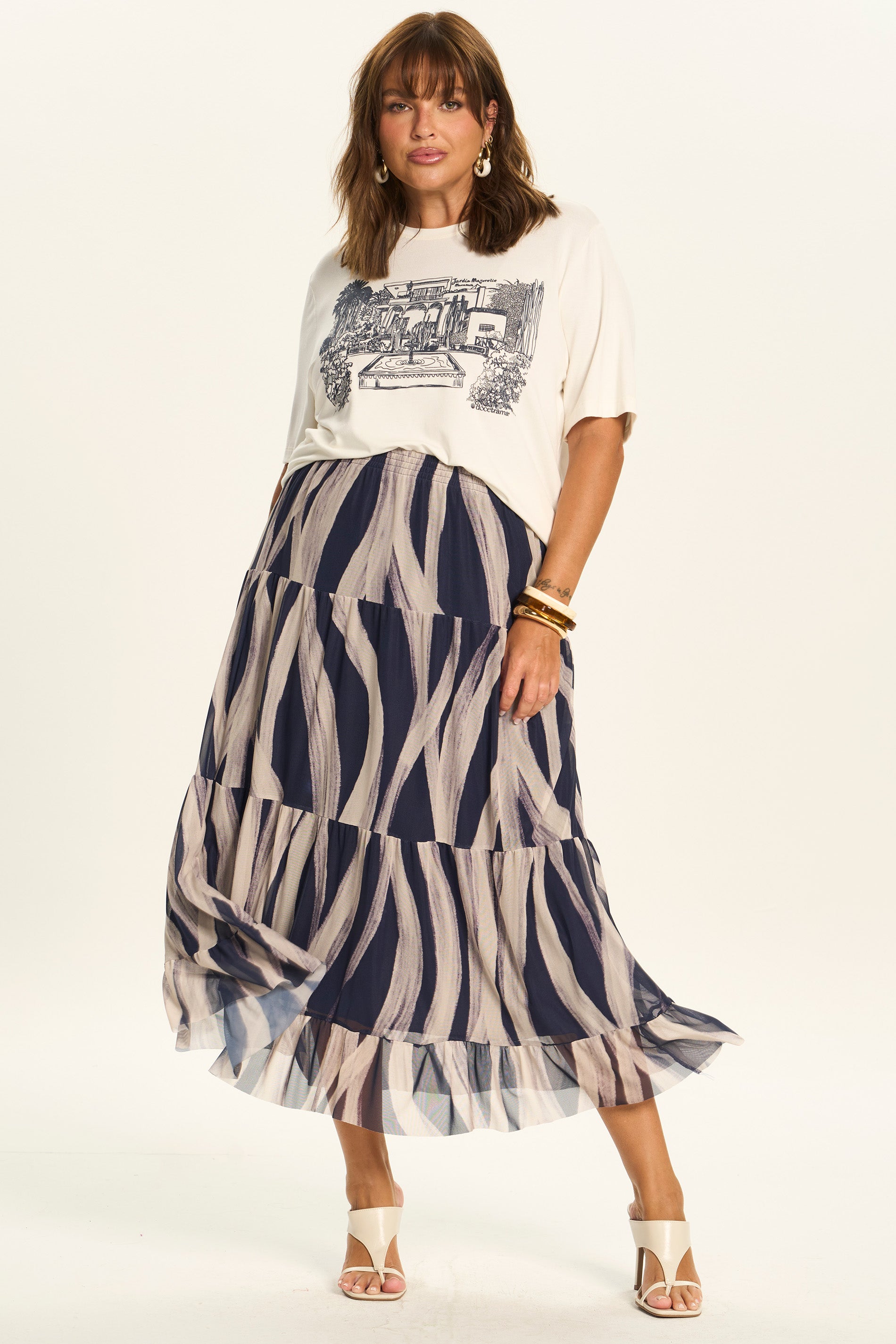 Saia Midi Evasê em Tule Estampado Duna - Doce Trama