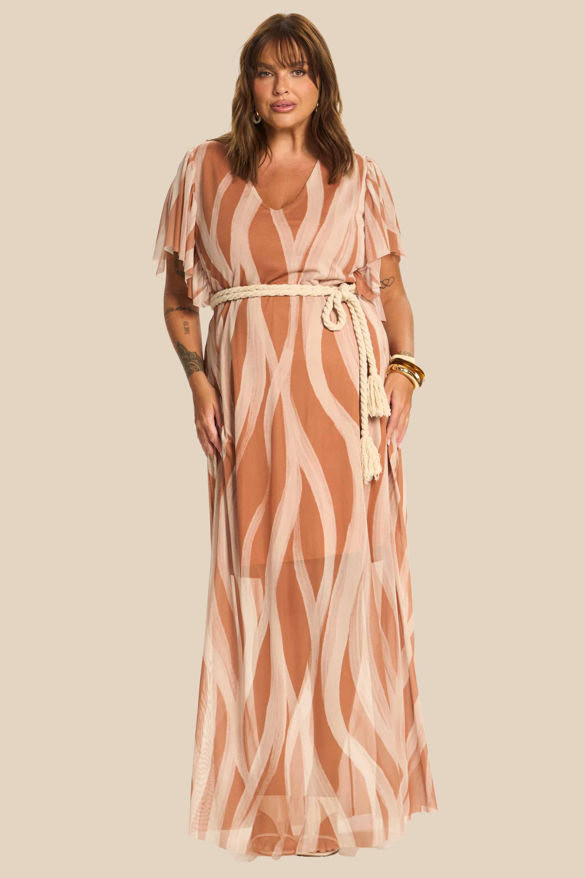Vestido Longo Evasê Tule Estampado Miragem - Doce Trama