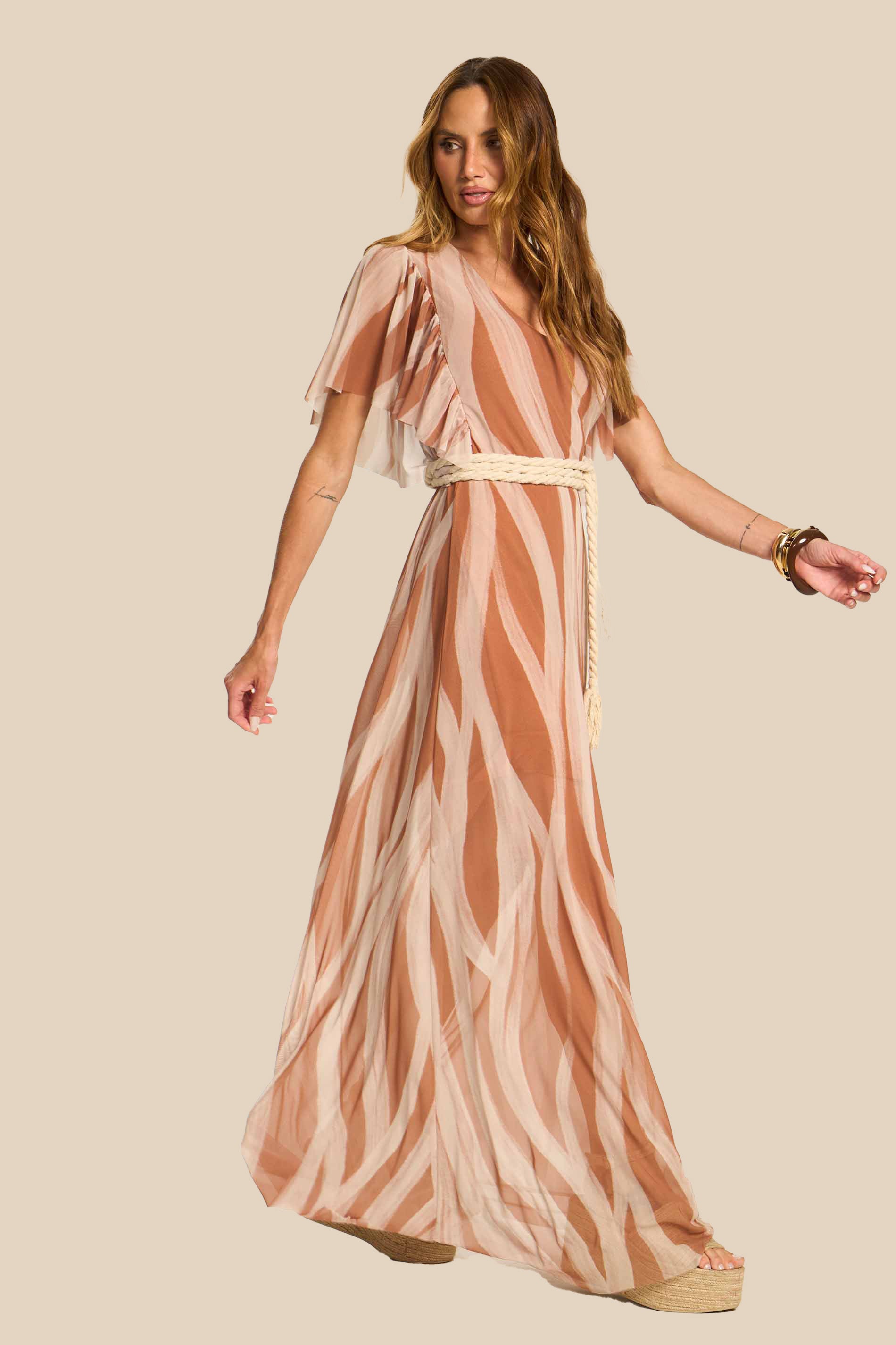 Vestido Longo Evasê Tule Estampado Miragem - Doce Trama
