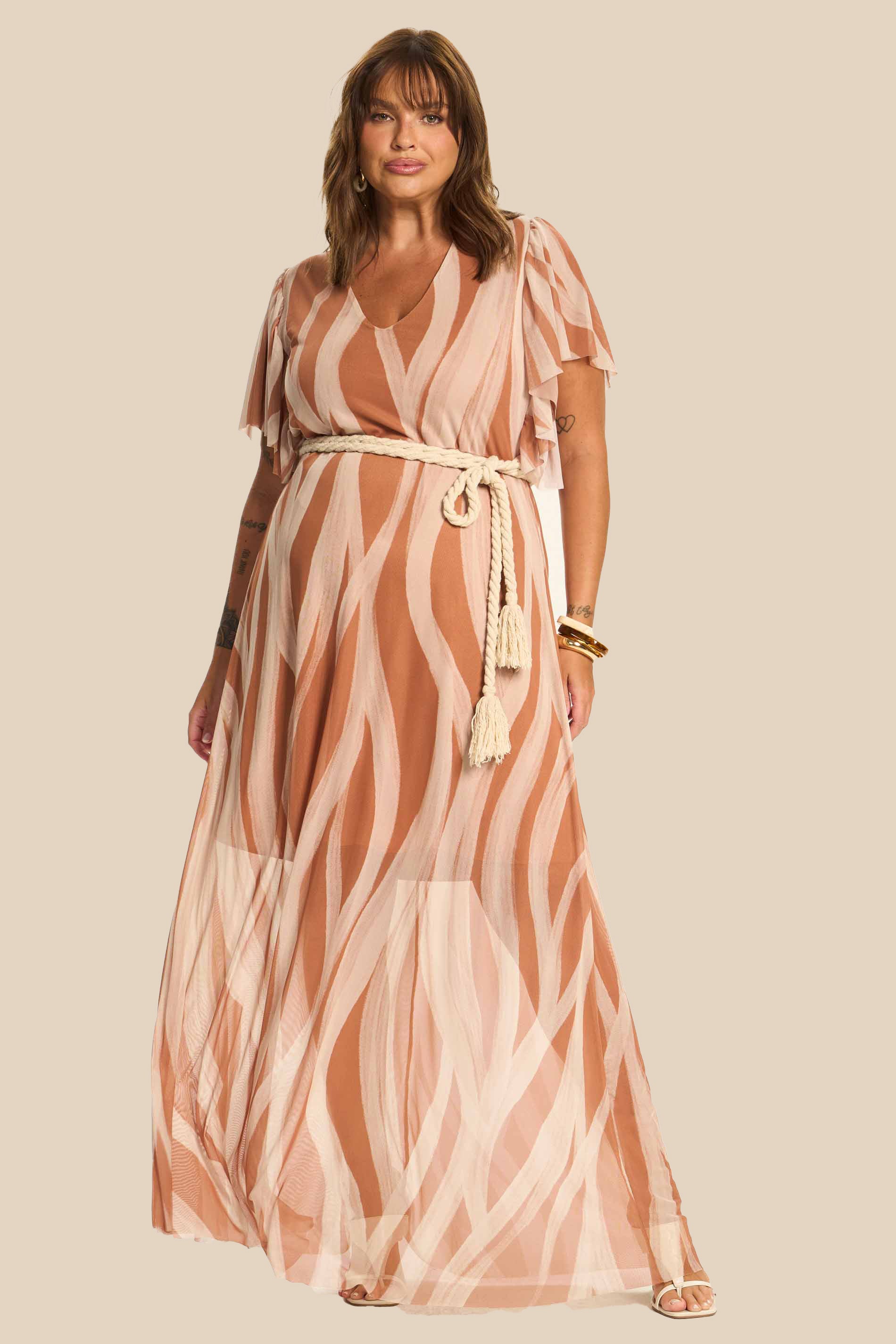 Vestido Longo Evasê Tule Estampado Miragem - Doce Trama