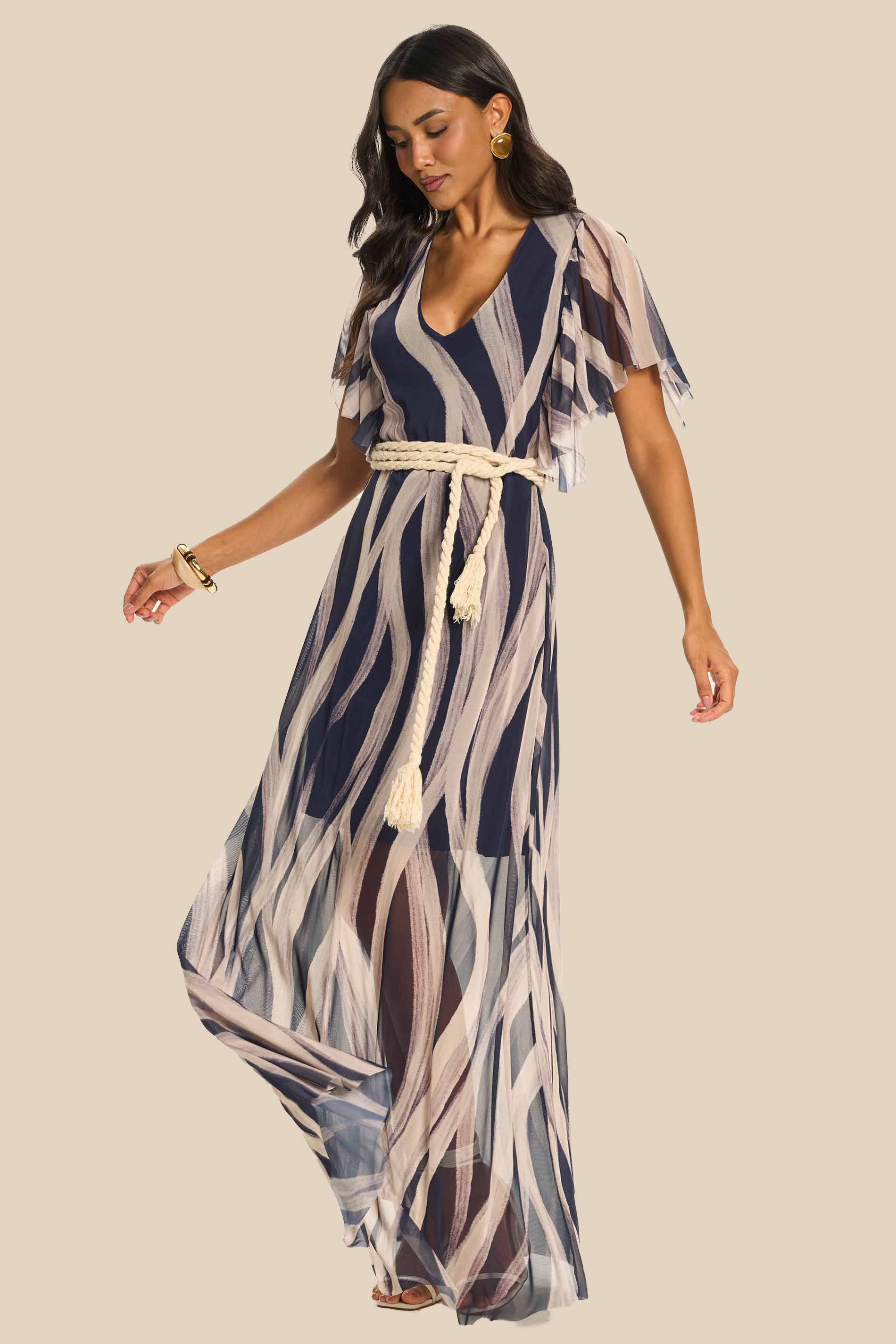 Vestido Longo Evasê Tule Estampado Miragem - Doce Trama