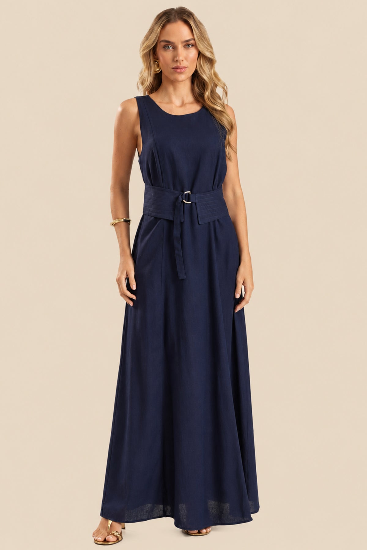 Vestido Longo Evasê em Linho com Faixa Miragem - Doce Trama