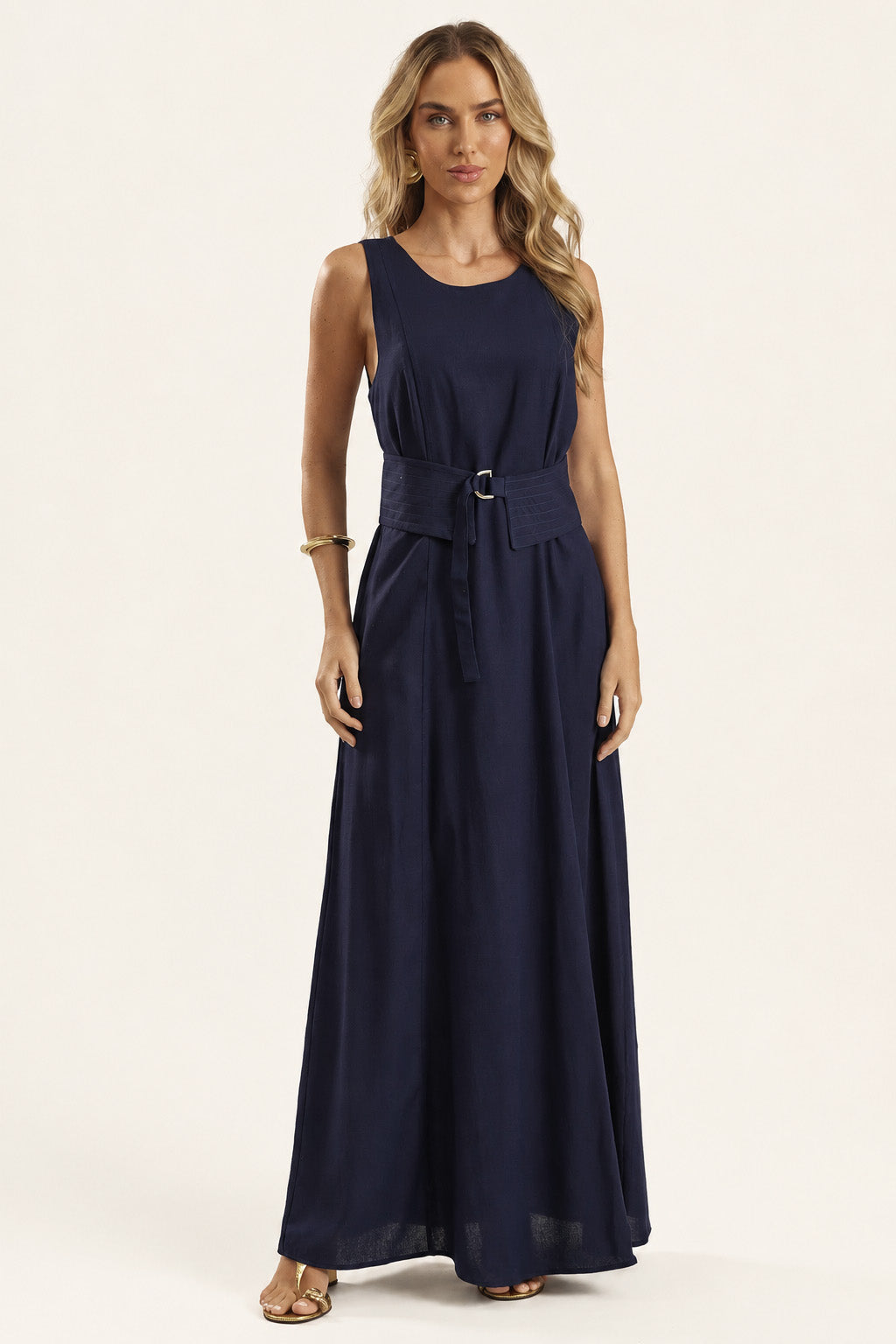Vestido Longo Evasê em Linho com Faixa Duna - Doce Trama