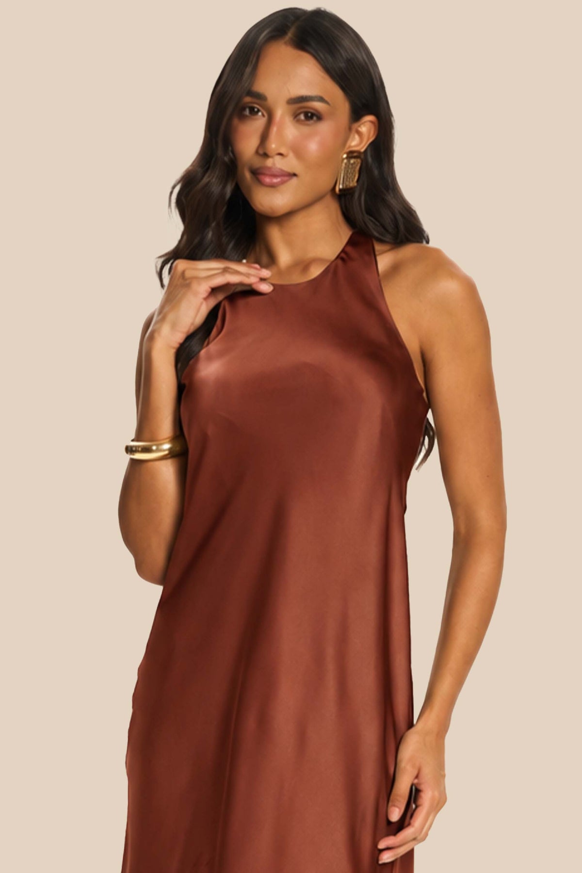 Vestido Longo Reto de Cetim Decote Alto Miragem - Doce Trama