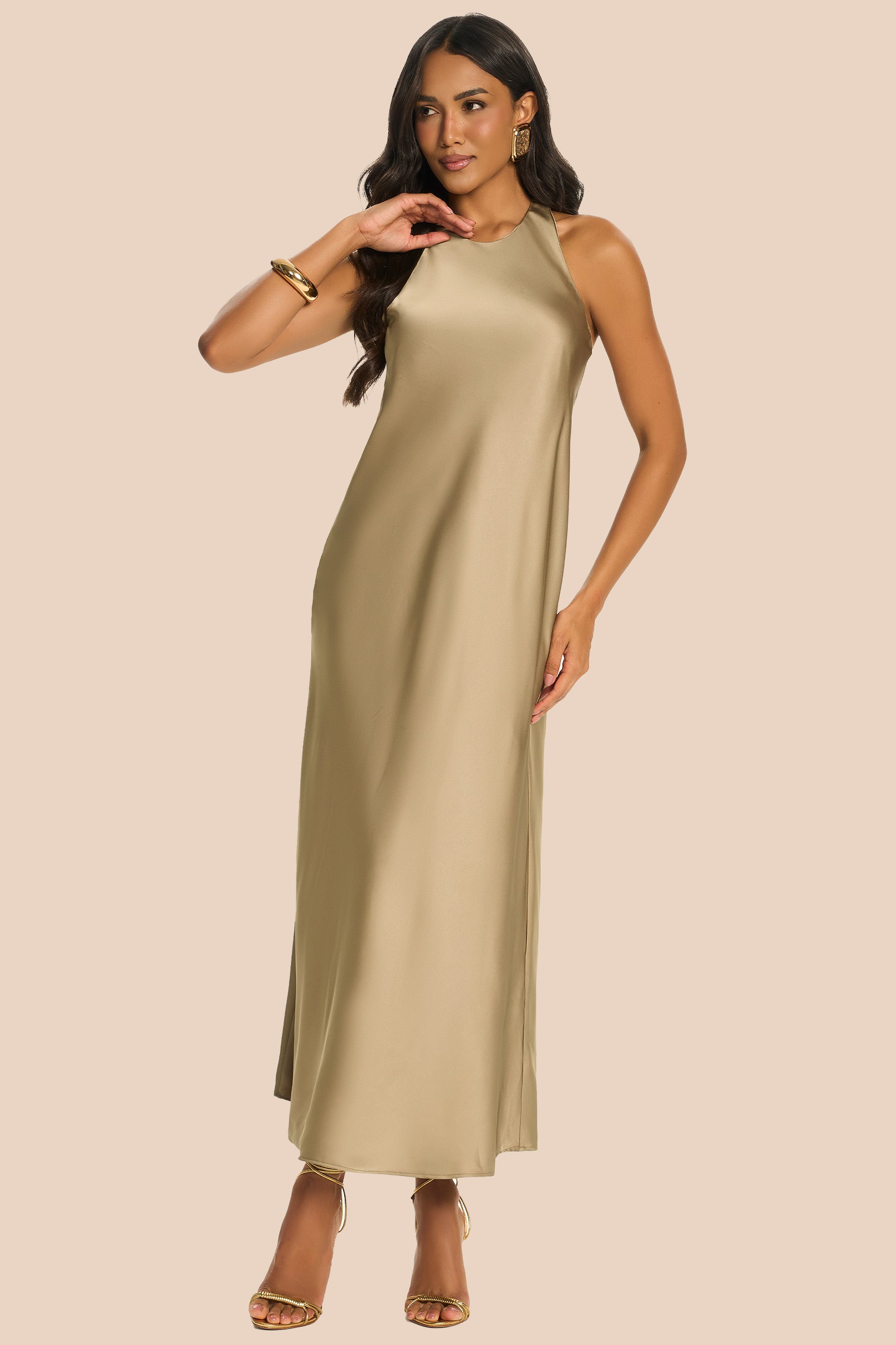 Vestido Longo Reto de Cetim Decote Alto Miragem - Doce Trama