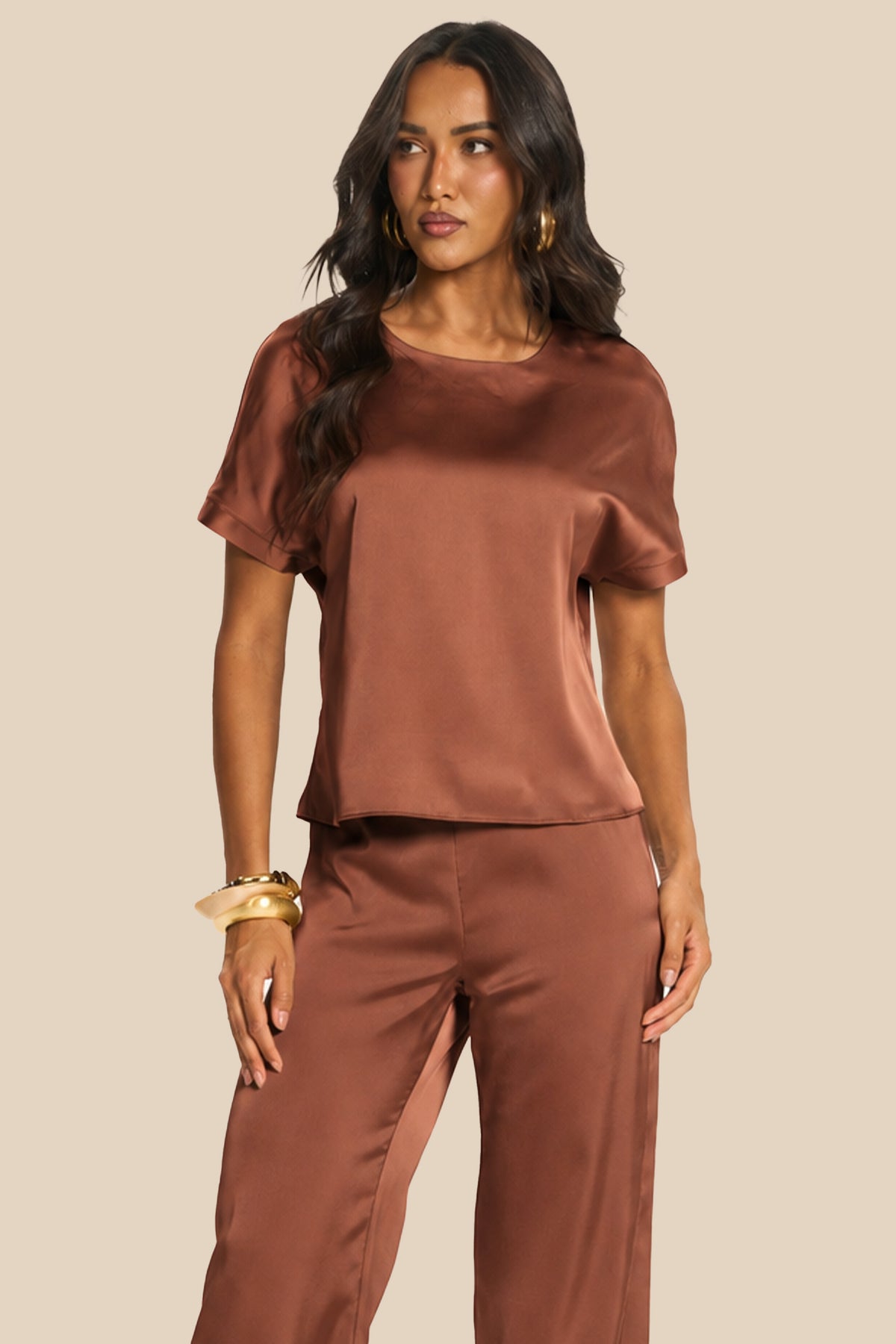 Calça Pantalona em Cetim Cintura Alta Miragem - Doce Trama