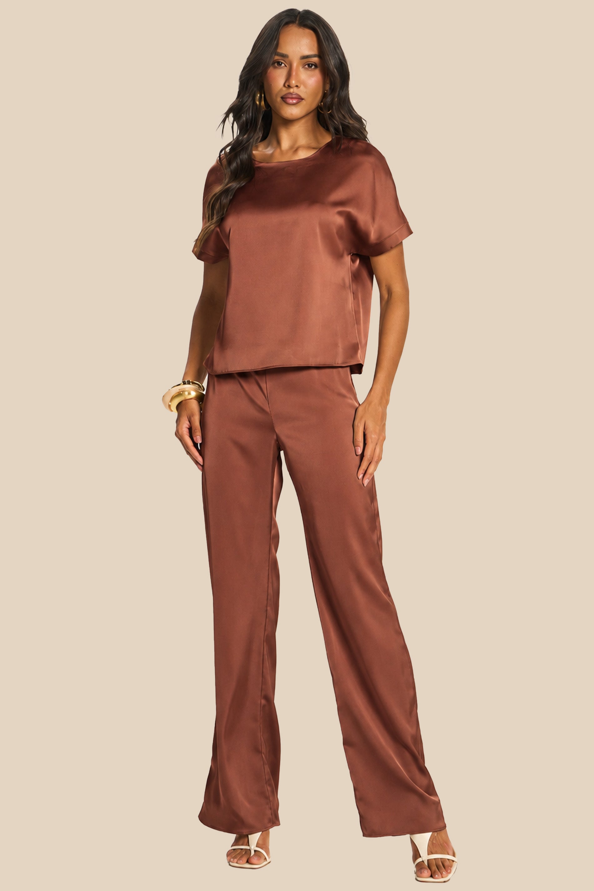 Calça Pantalona em Cetim Cintura Alta Miragem - Doce Trama