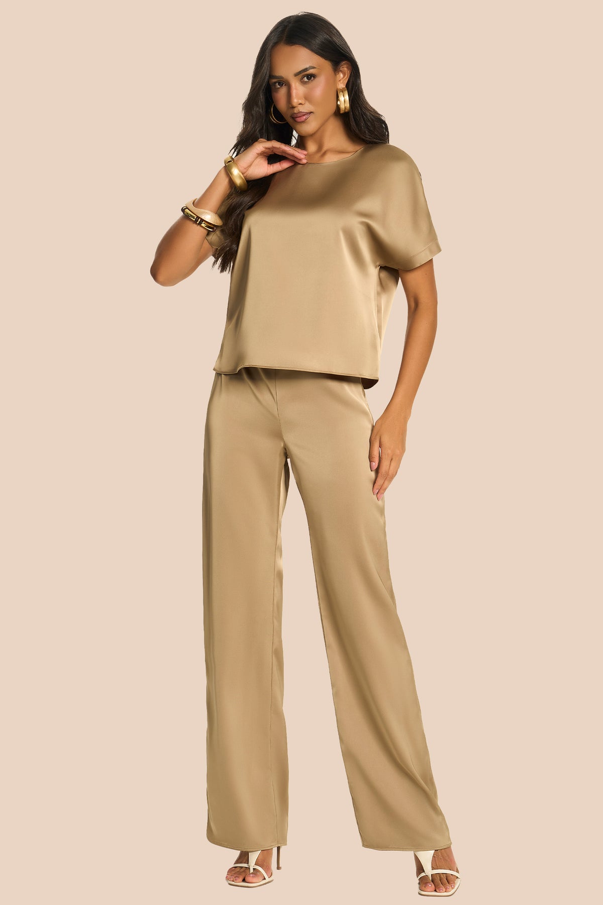 Calça Pantalona em Cetim Cintura Alta Miragem - Doce Trama