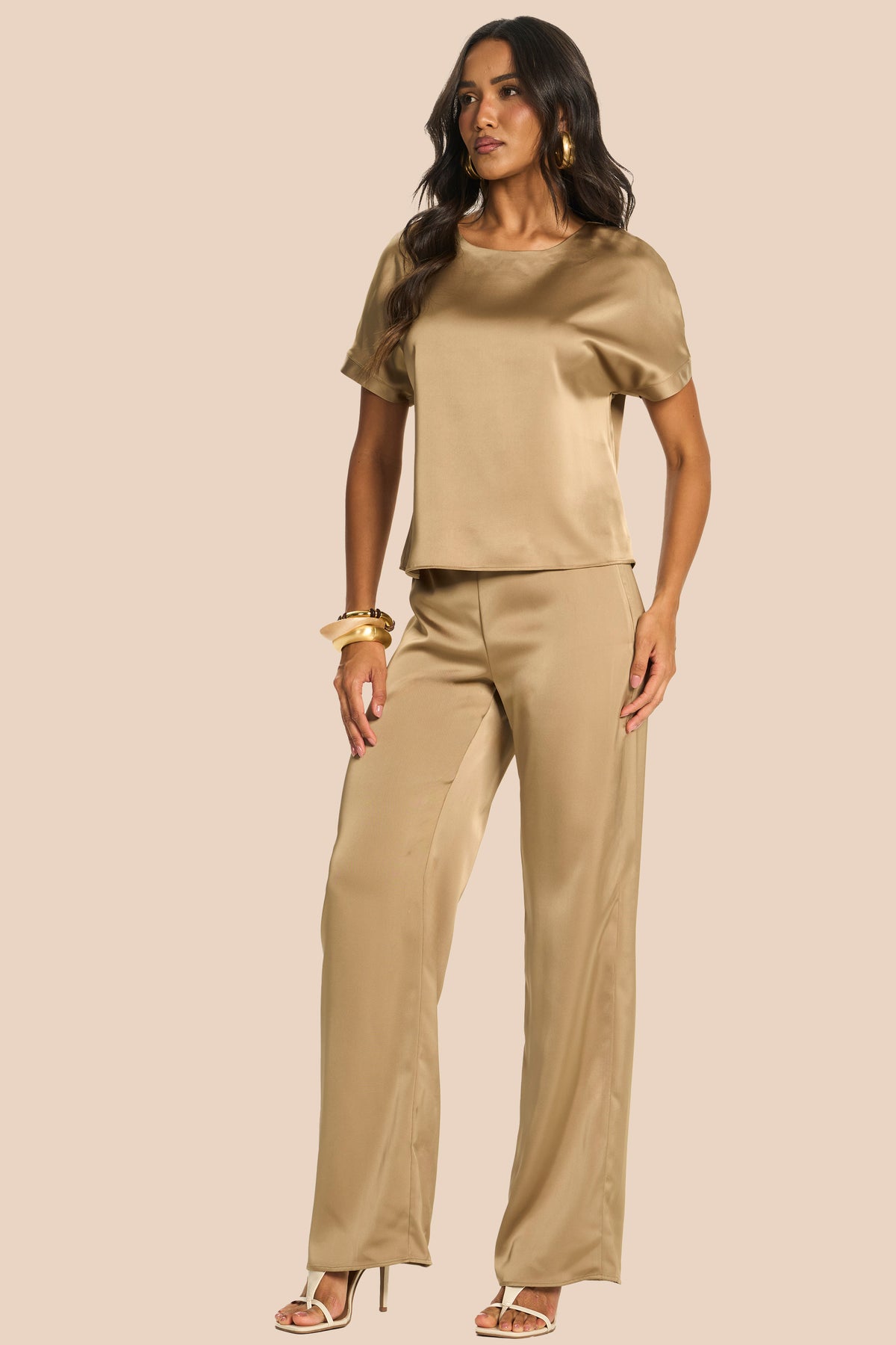 Calça Pantalona em Cetim Cintura Alta Miragem - Doce Trama