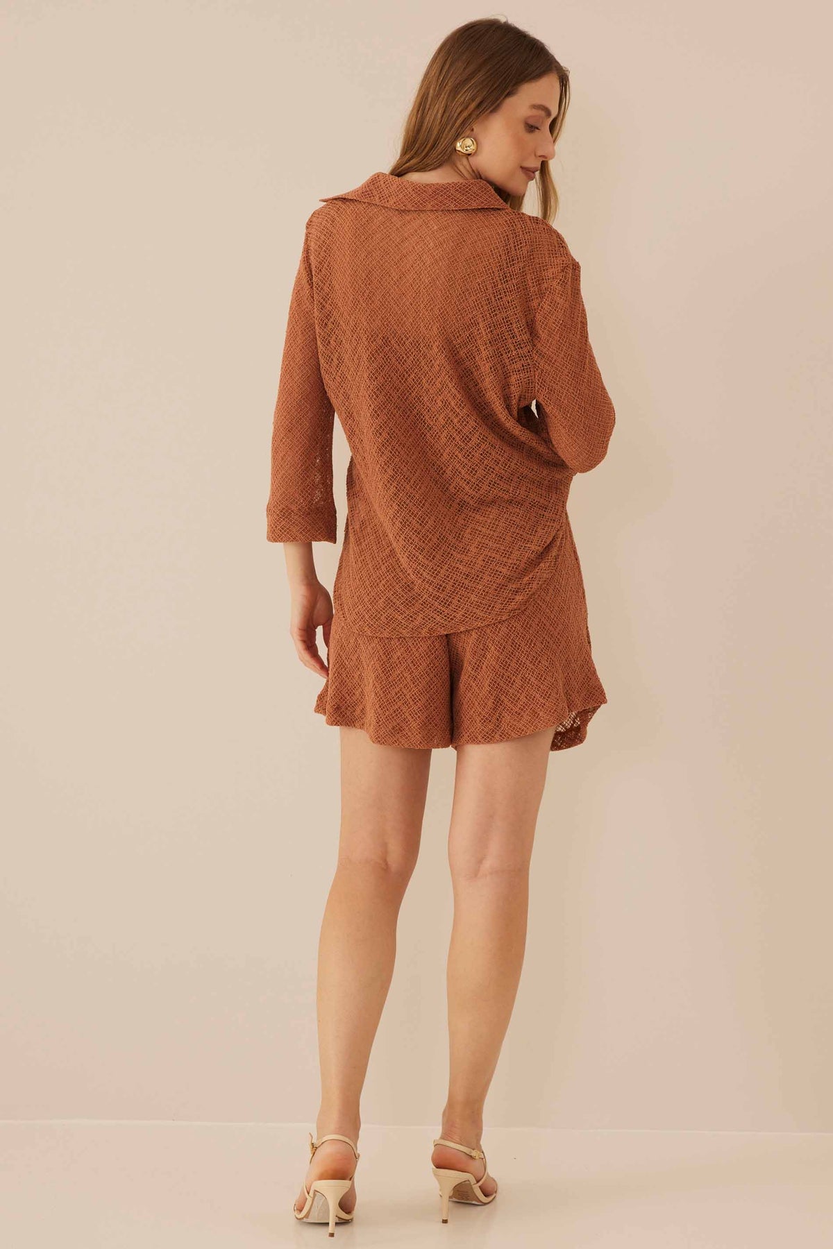 Camisa Feminina Manga 7/8 Tela Crochê Resort - Doce Trama