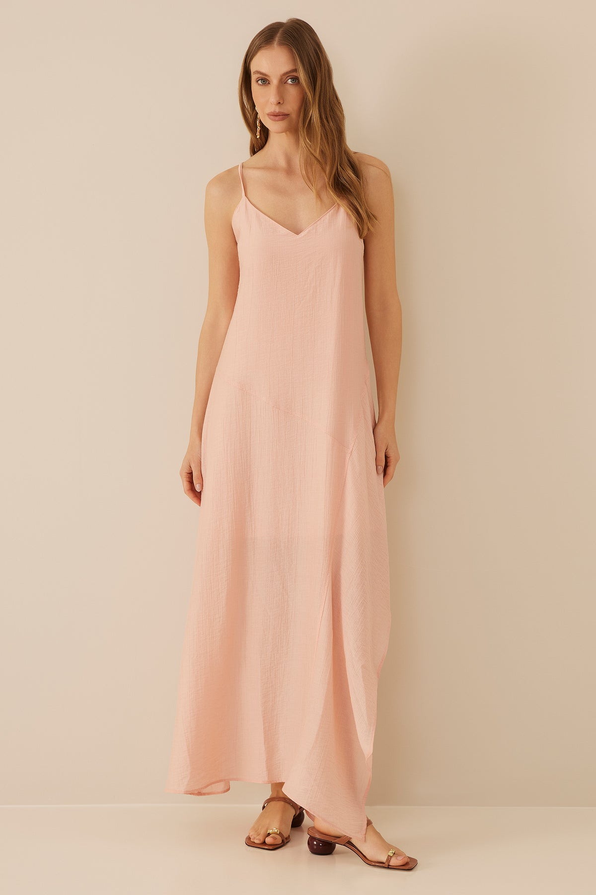 Vestido Longo de Alça Evasê Texturizado Resort - Doce Trama
