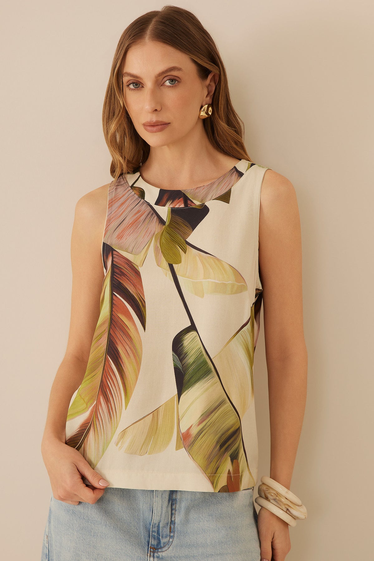 Blusa Sem Manga Viscose Estampada Resort - Doce Trama