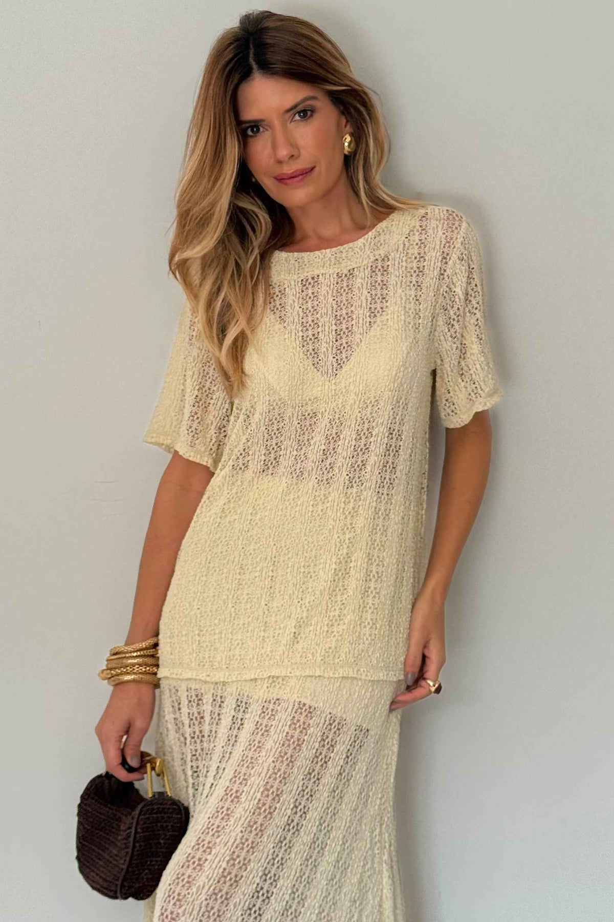 Blusa Manga Curta Renda com Elastano Resort - Doce Trama
