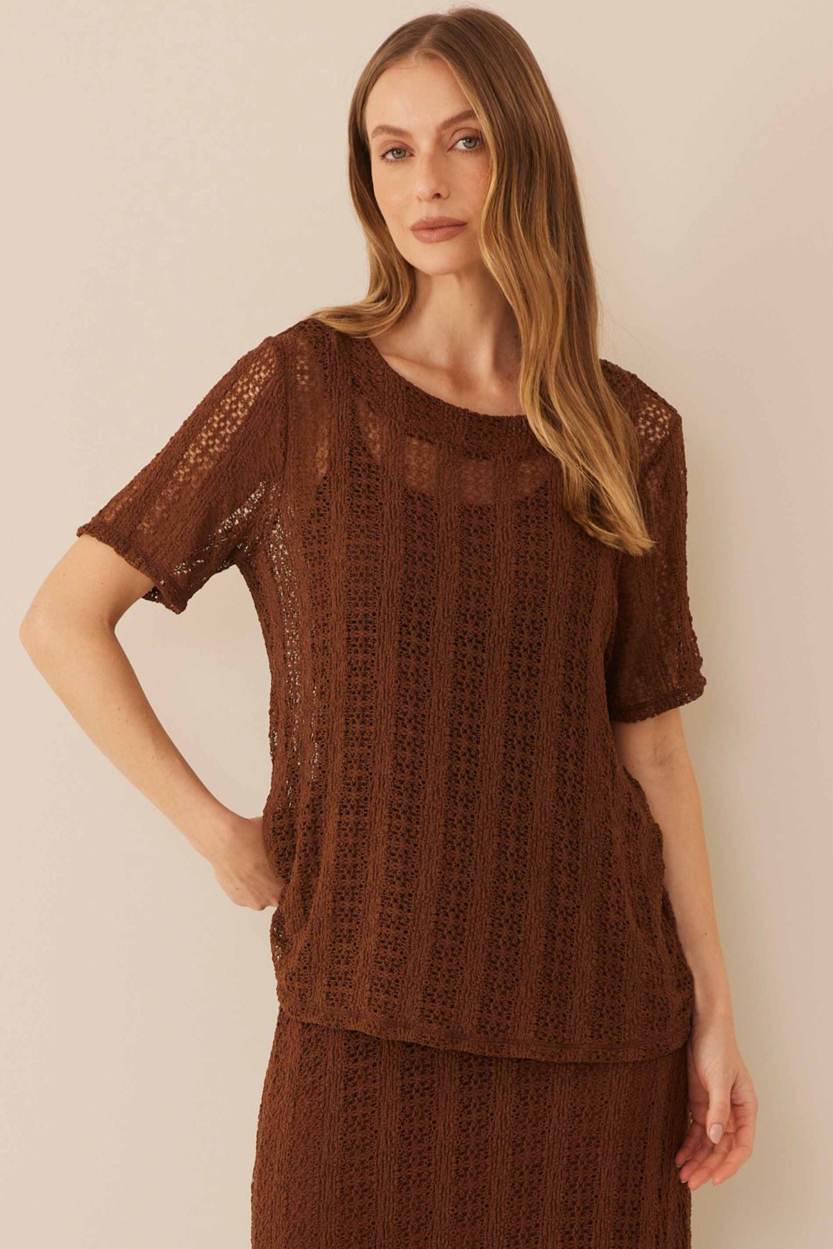 Blusa Manga Curta Renda com Elastano Resort - Doce Trama