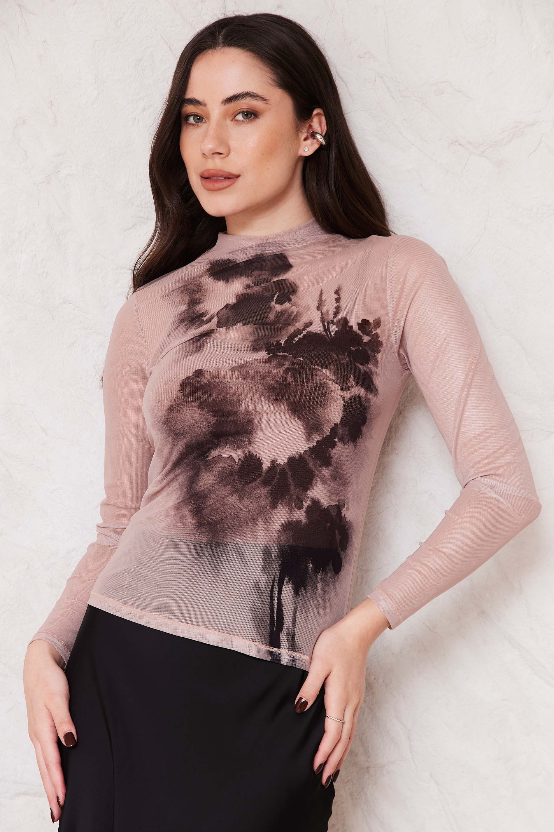 Blusa Feminina Manga Longa Tule Estampado Sunset- Doce Trama