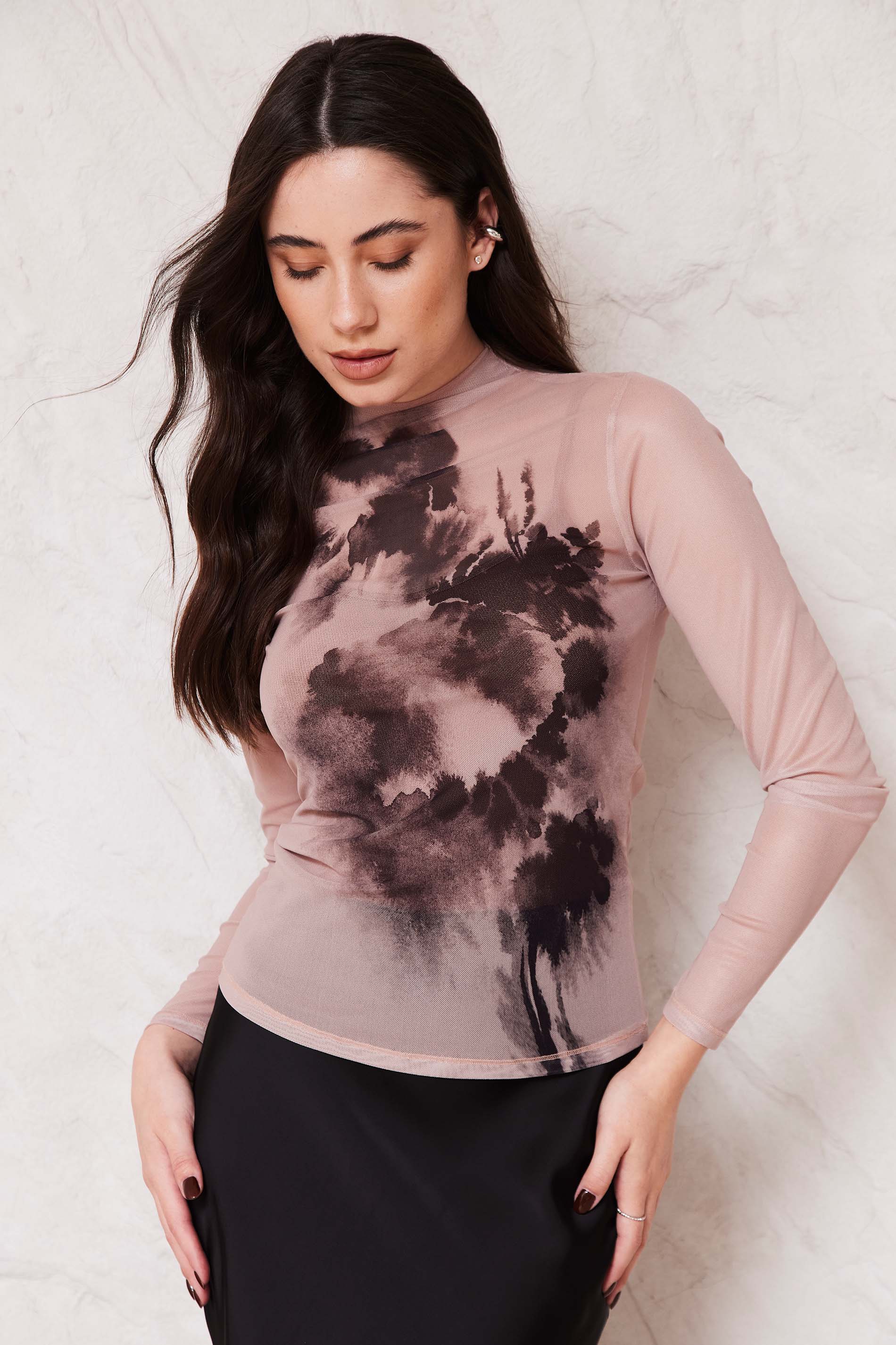 Blusa Feminina Manga Longa Tule Estampado Sunset- Doce Trama