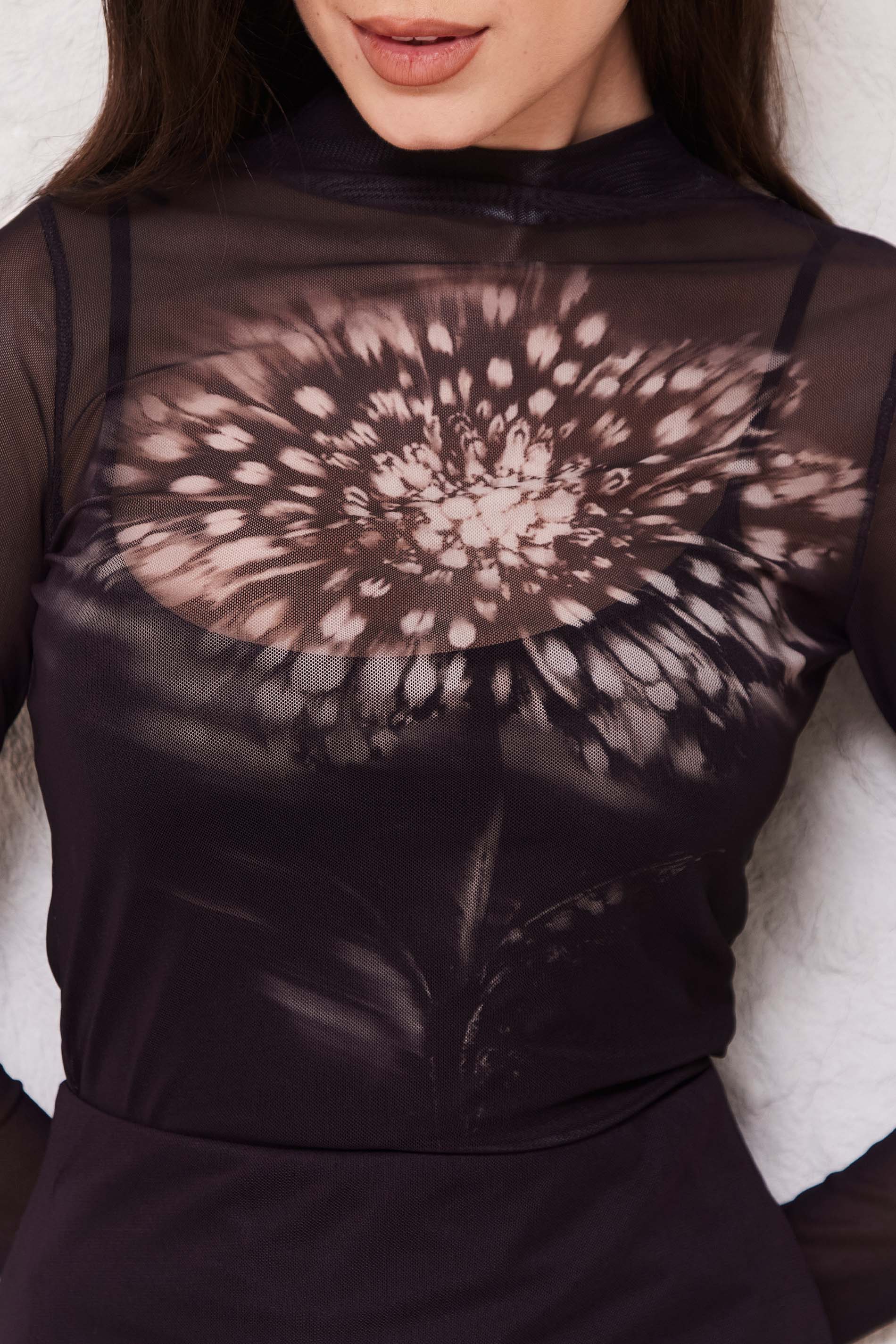 Blusa Feminina Manga Longa Tule Estampado Sunset- Doce Trama