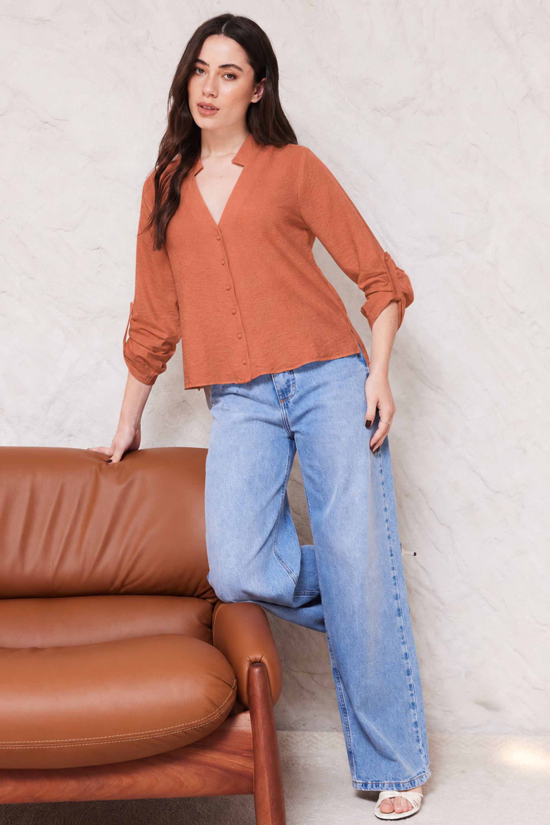 Camisa Feminina Reta Creponada Martingale Sunset- Doce Trama
