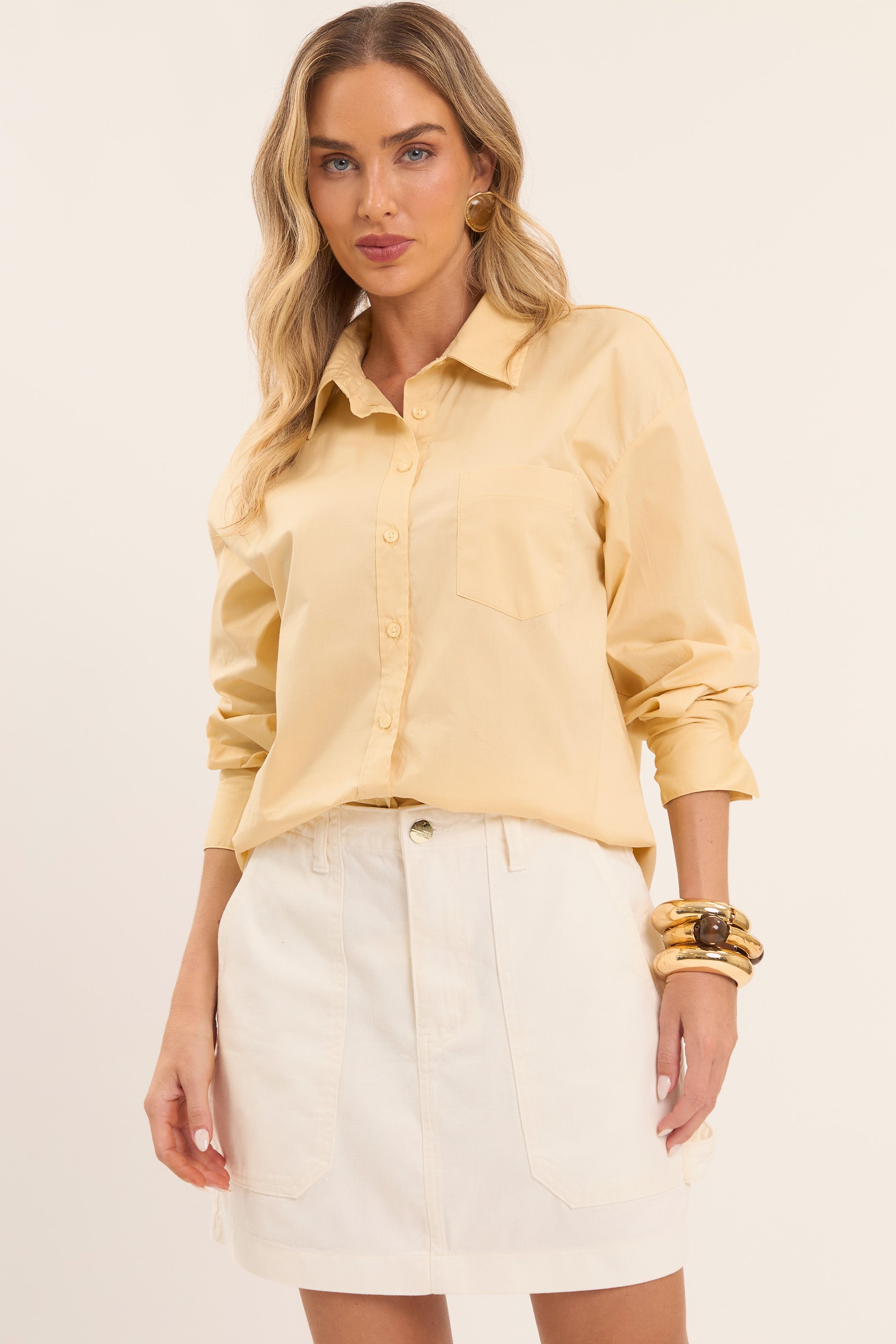 Saia Jeans Cintura Alta com Bolsos Frontais