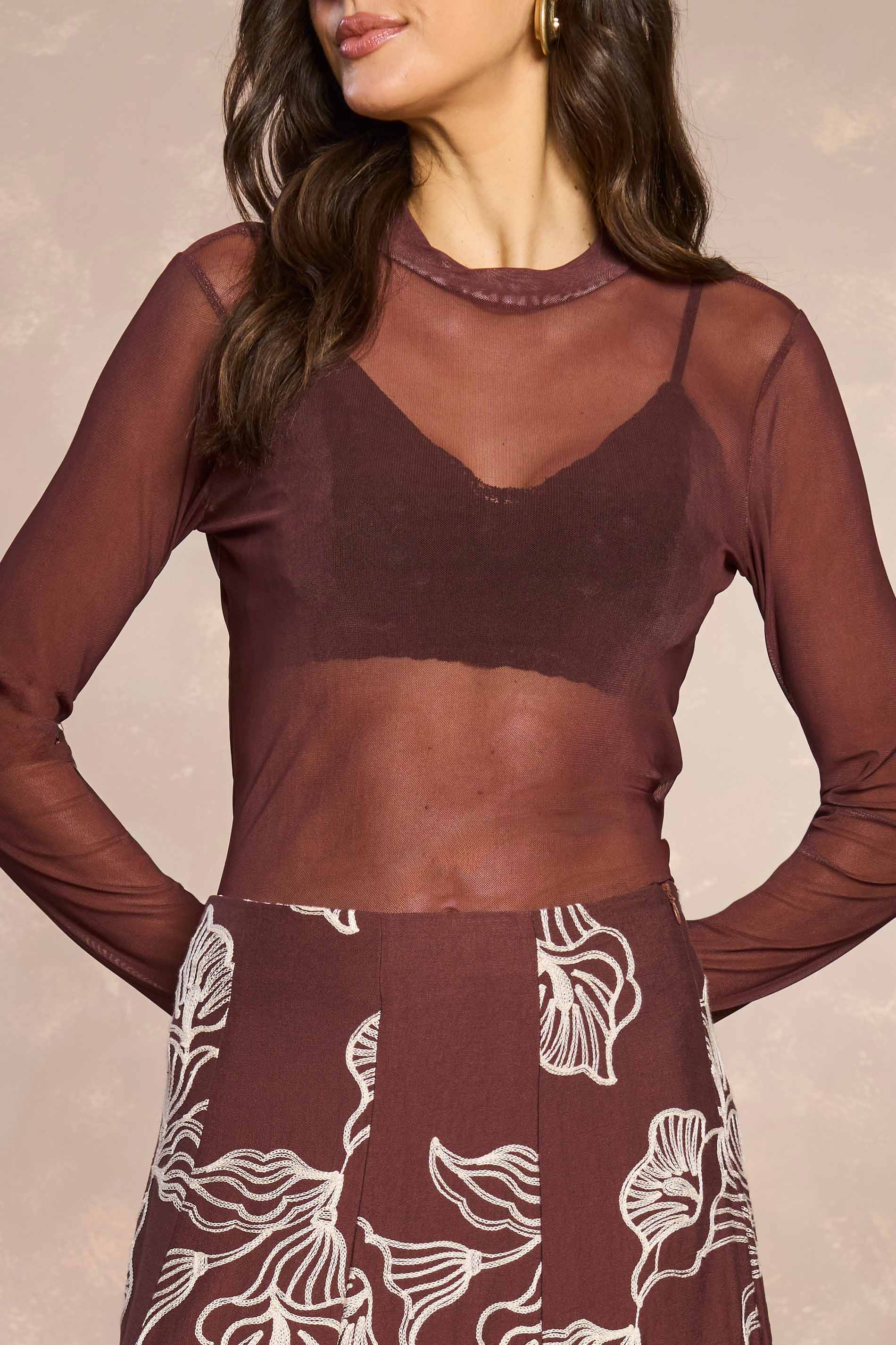 Blusa Ethnic Blur Manga Longa em Tule