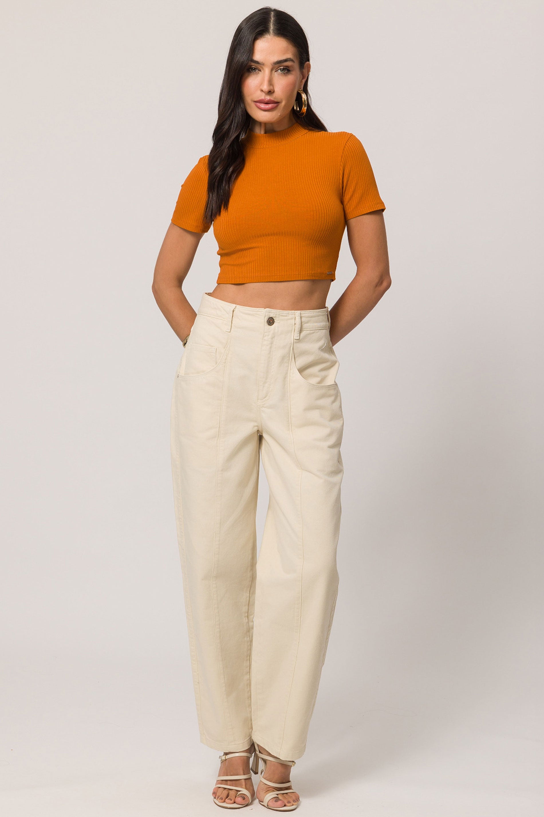 Blusa cropped em ribana com gola padre