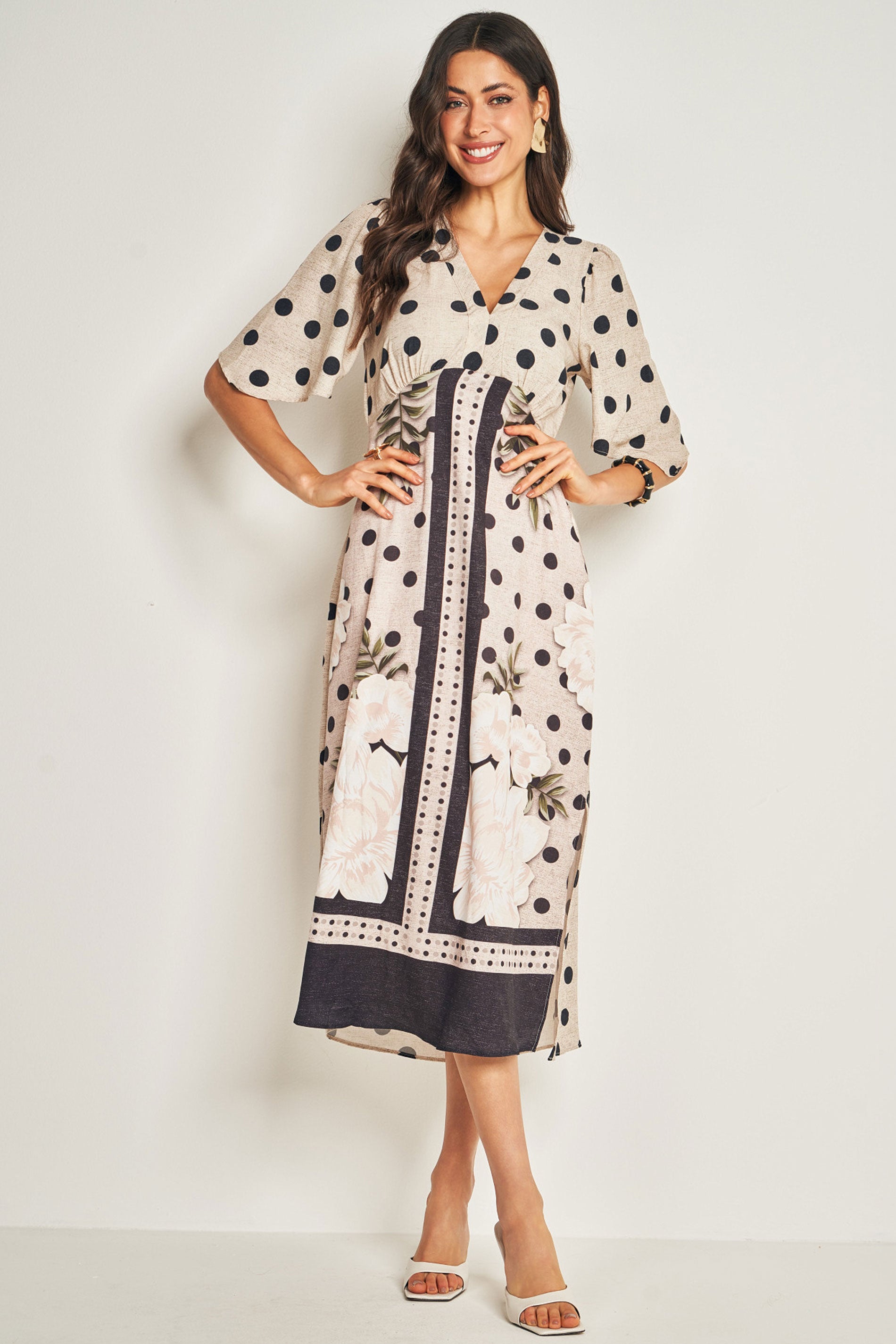 Vestido longo de manga curta em viscose e sarja