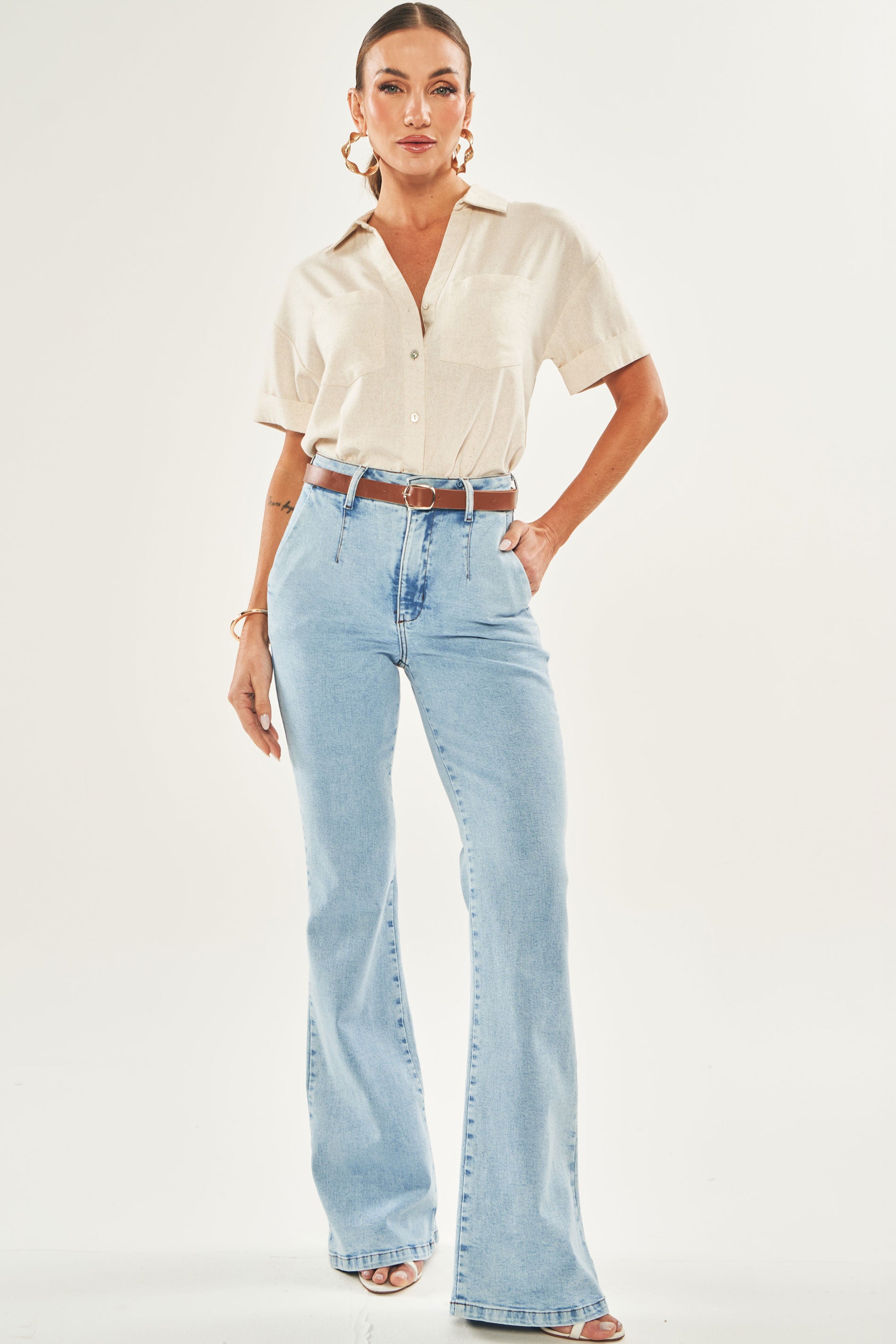 Calça Tulipa em Jeans com Elastano