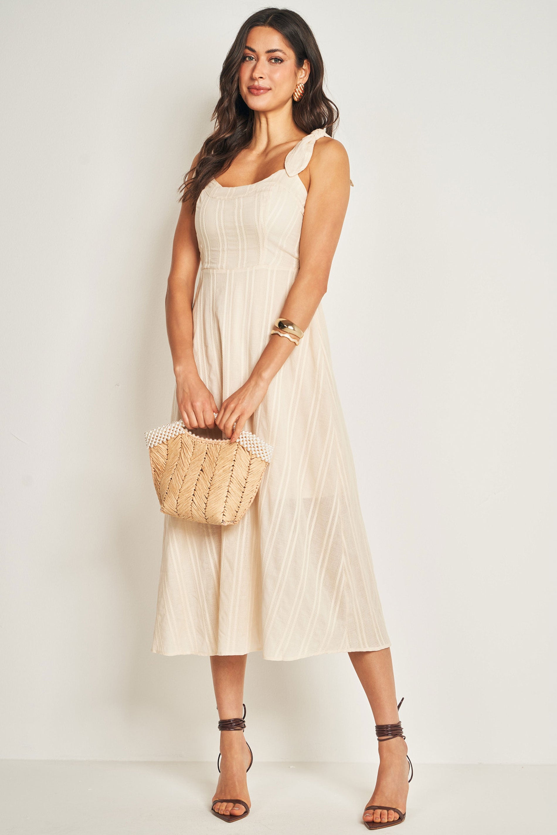 Vestido Midi de Alça em Plano Cambraia Listrada