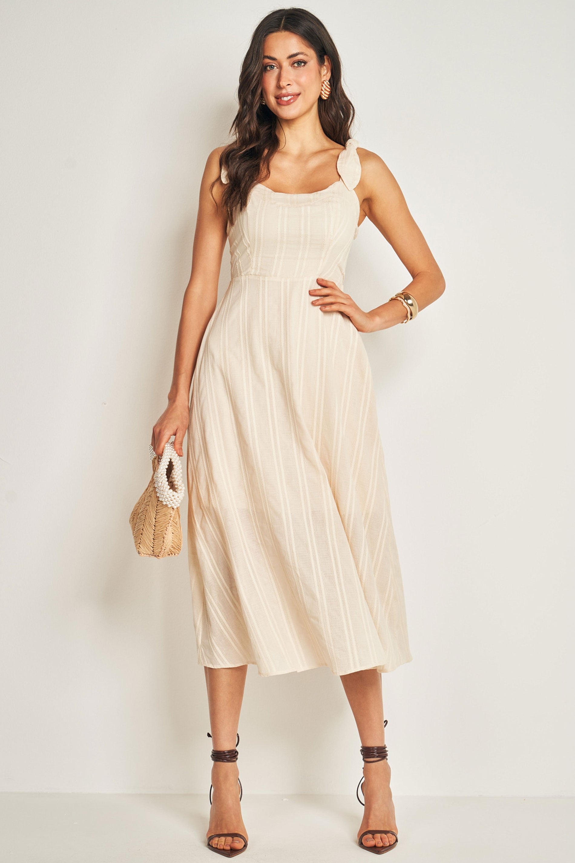 Vestido Midi de Alça em Plano Cambraia Listrada