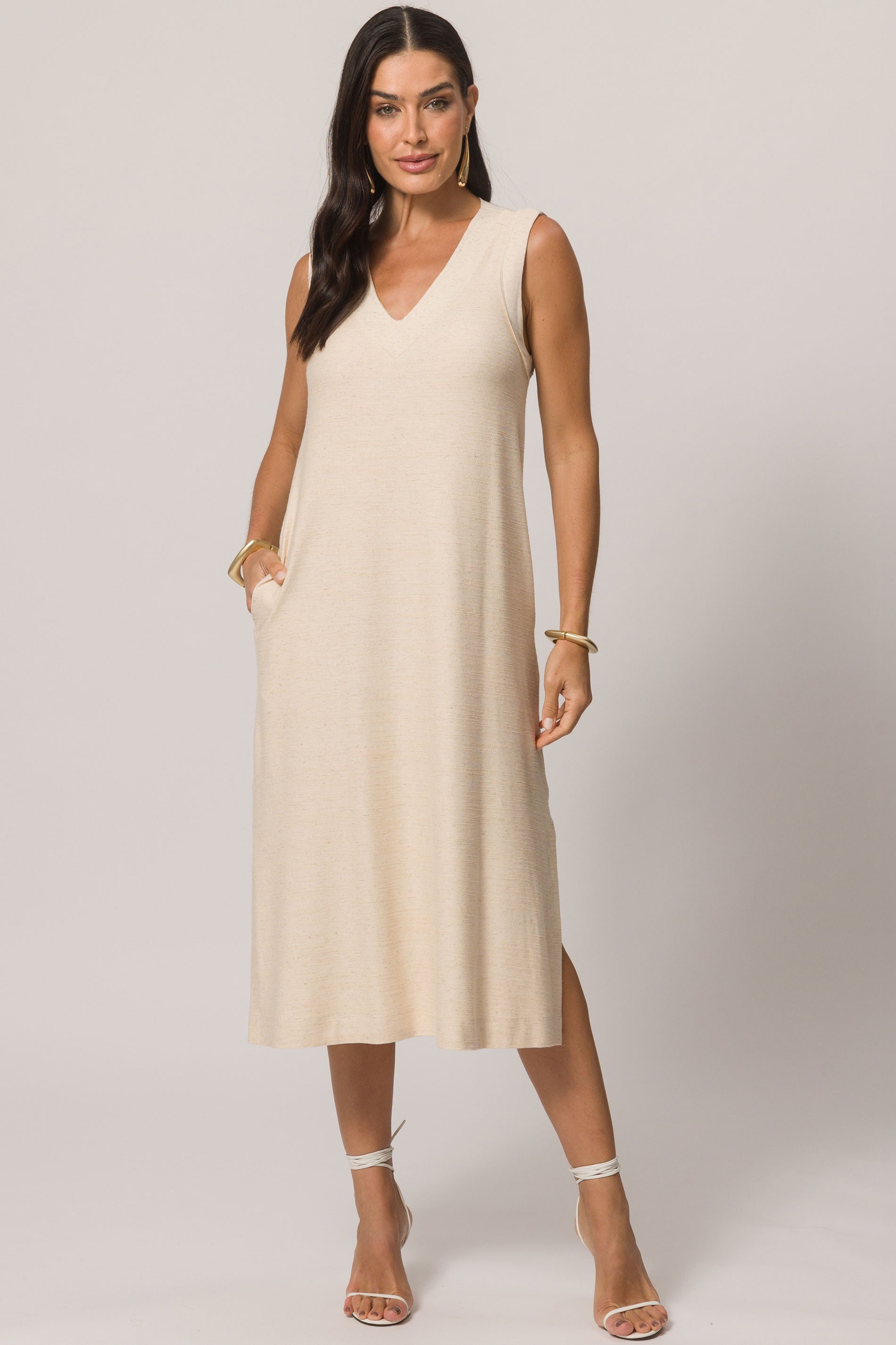 Vestido Midi sem Manga em Moletinho Viscolinho com Elastano